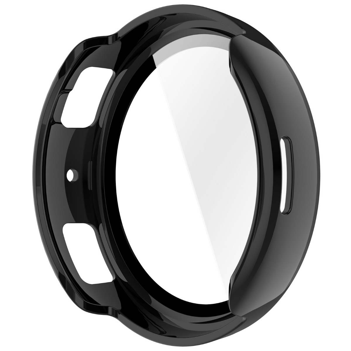 Schwarzer Uhrenschutz mit Ausschnitten für Knöpfe und Armbandbefestigung.