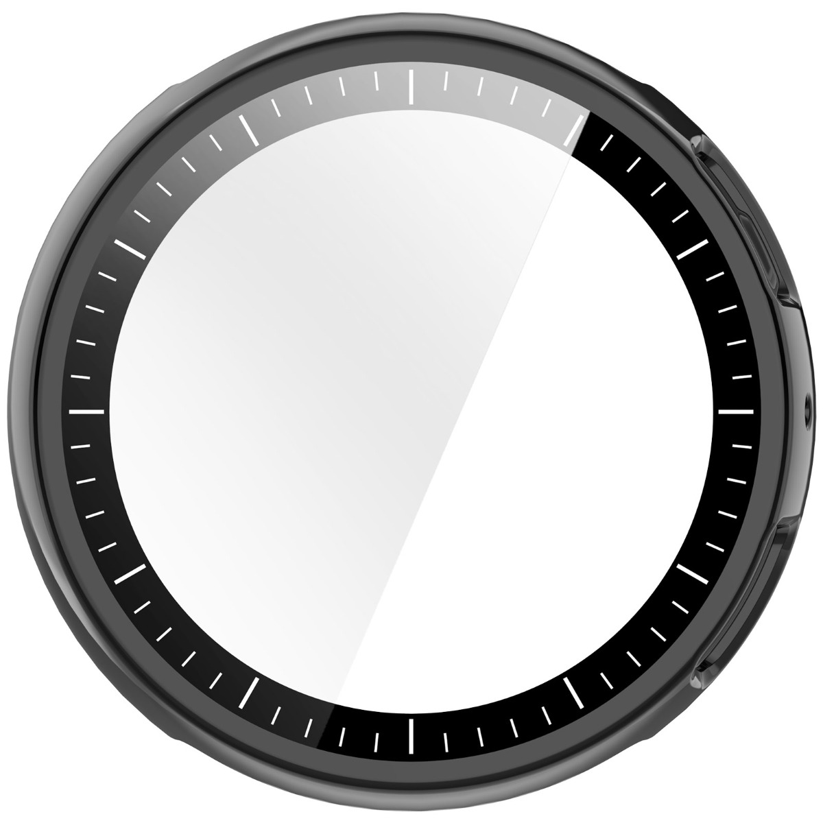 Graue Uhr mit weißen Markierungen, ein Teil des Zifferblatts ist weiß.