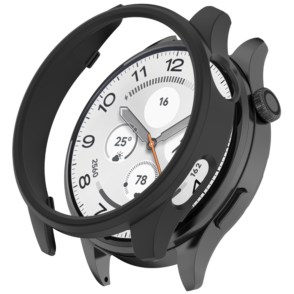 Anello protettivo nero su smartwatch con quadrante bianco che mostra 25 gradi e 78.