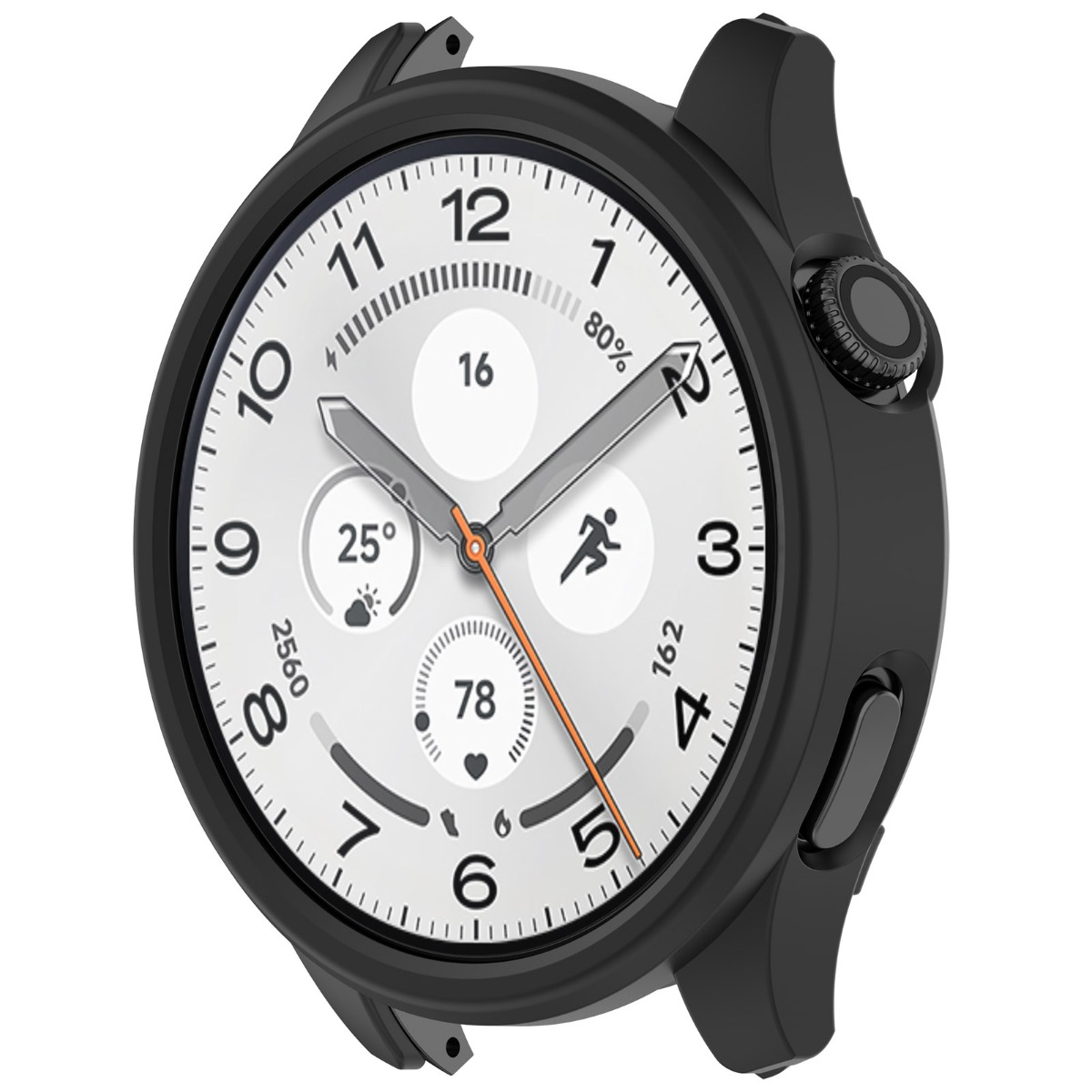 Uno smartwatch nero con quadrante bianco mostra ora, data, batteria, meteo, passi e dati sulla frequenza cardiaca.