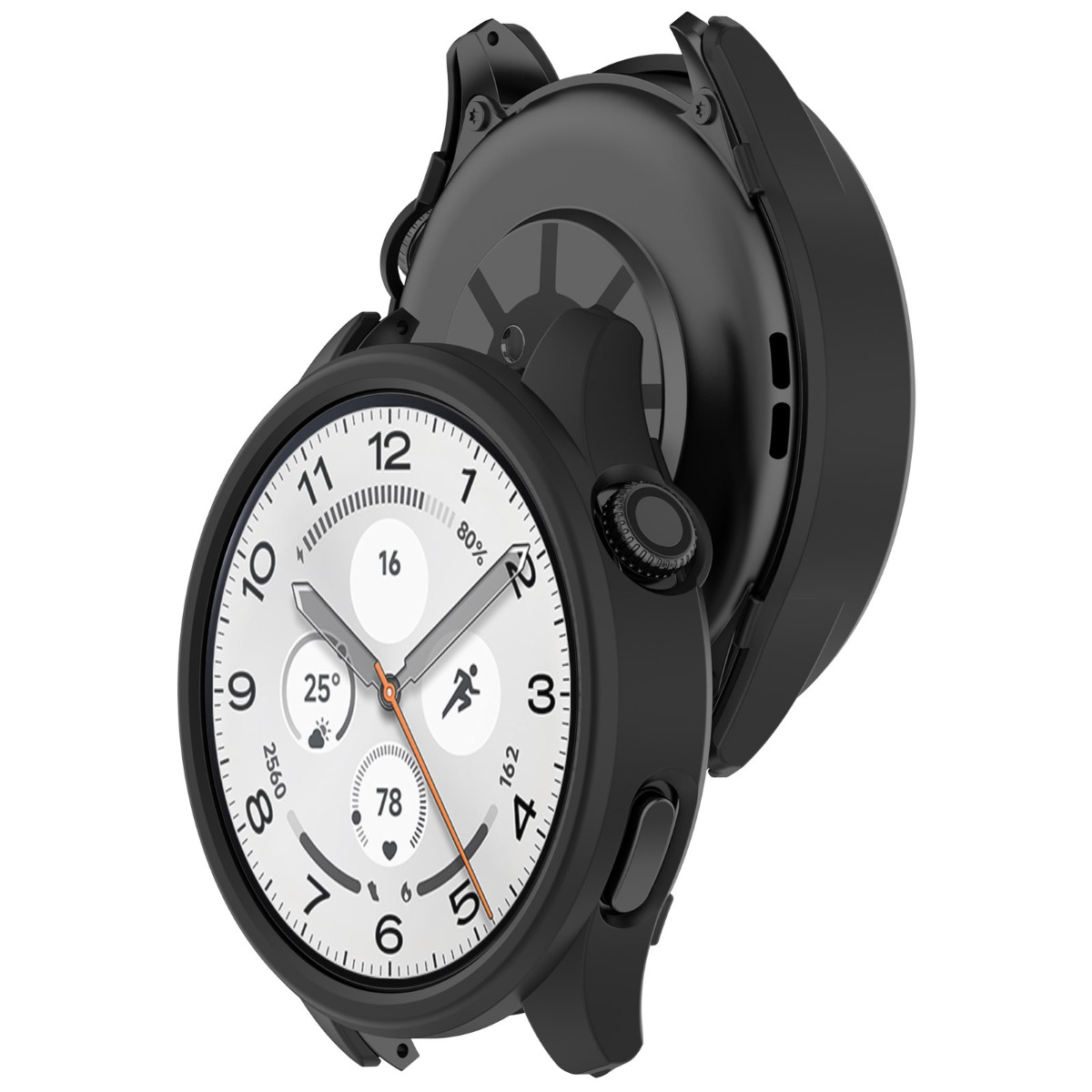 Smartwatch nero con quadrante bianco che mostra ora, data e dati fitness.