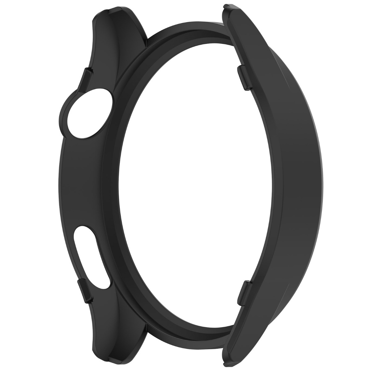 Una custodia nera in plastica per smartwatch con ritagli per pulsanti e sensori, progettata per proteggere il dispositivo, su sfondo bianco.