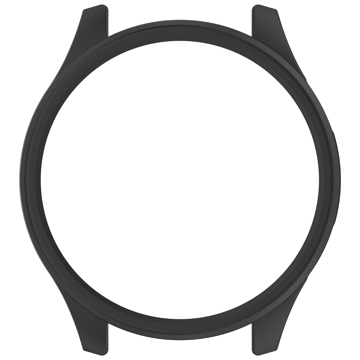 Una cornice nera per cassa di orologio con un'apertura circolare al centro e quattro anse che si estendono dai lati.