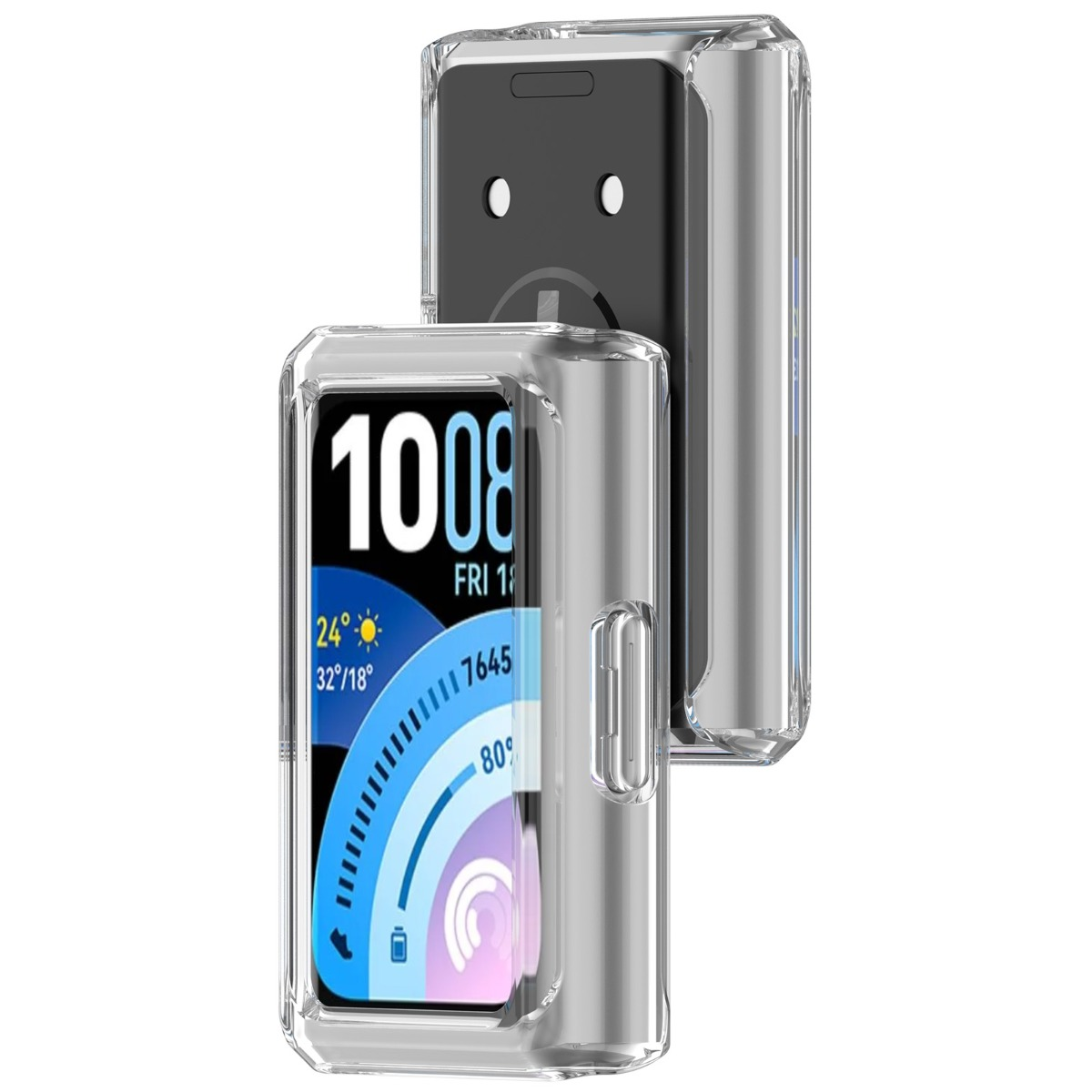 Zwei transparente Schutzhüllen für Smartwatches auf weißem Hintergrund.