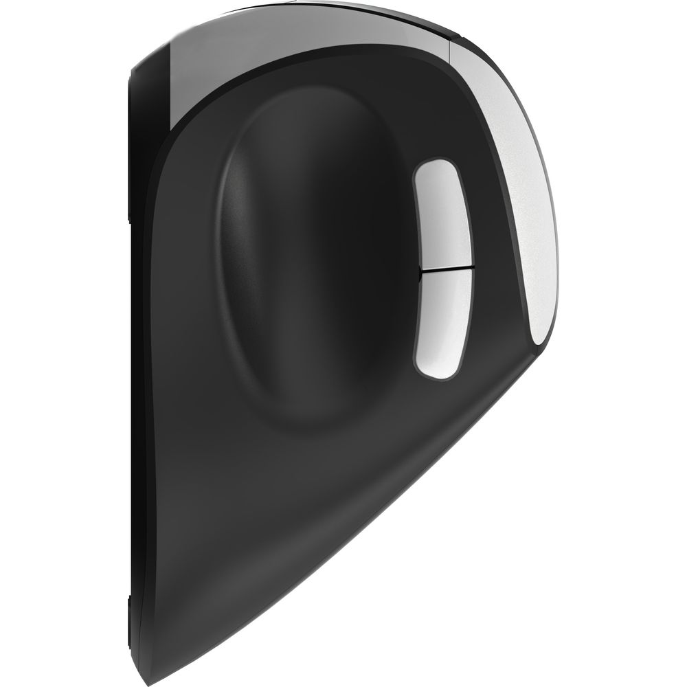 Czarno-srebrna ergonomiczna pionowa mysz komputerowa, widziana z prawej strony, na białym tle.