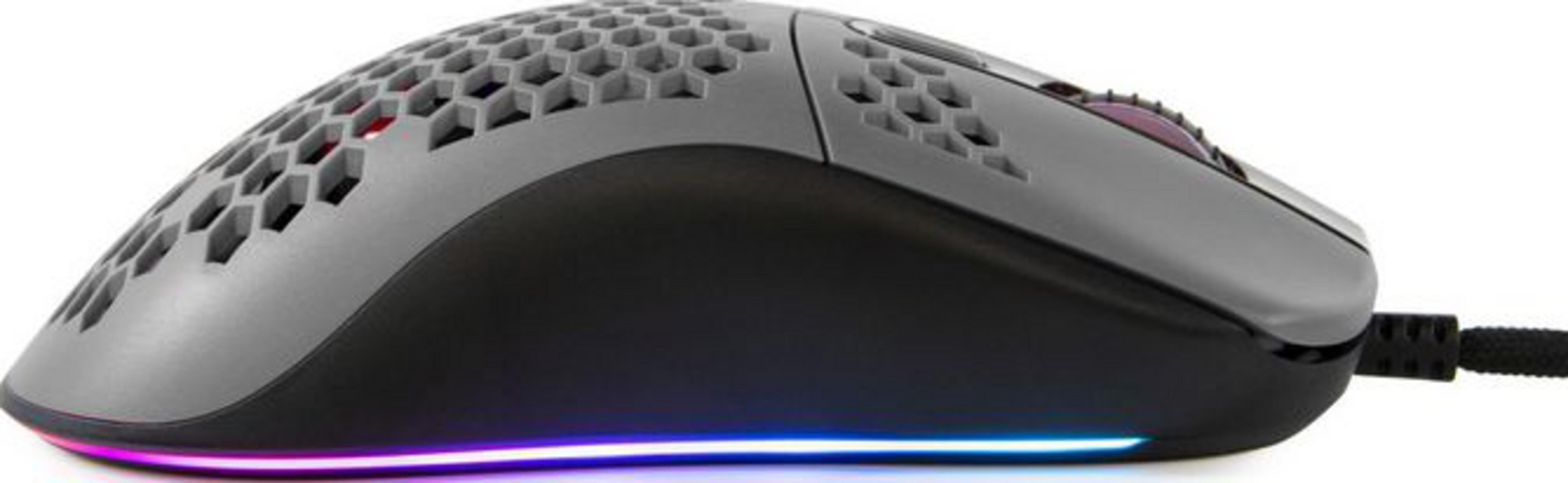 Gray gaming mouse with honeycomb top, illuminated edge, and black cable.