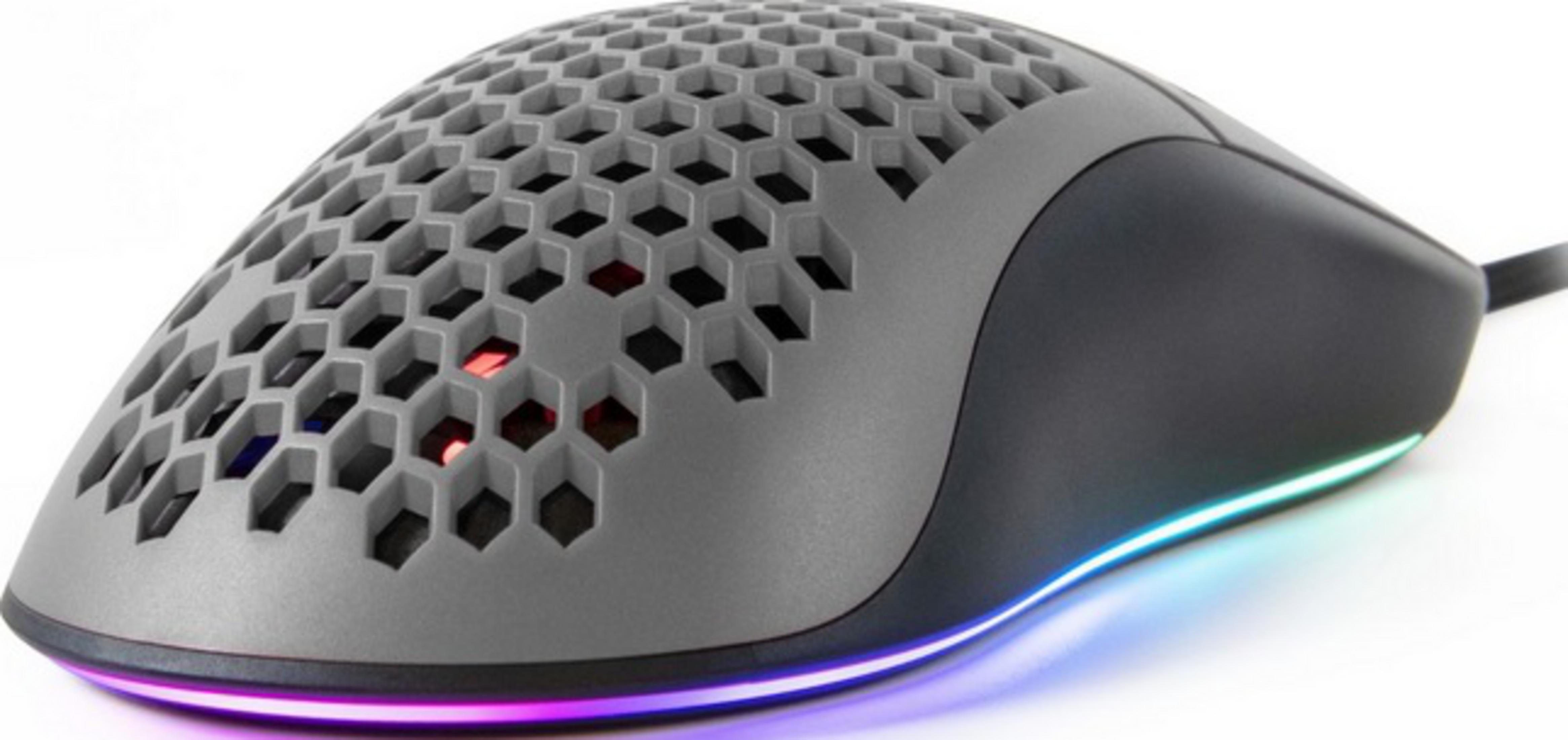 Gray honeycomb gaming mouse with RGB lighting.