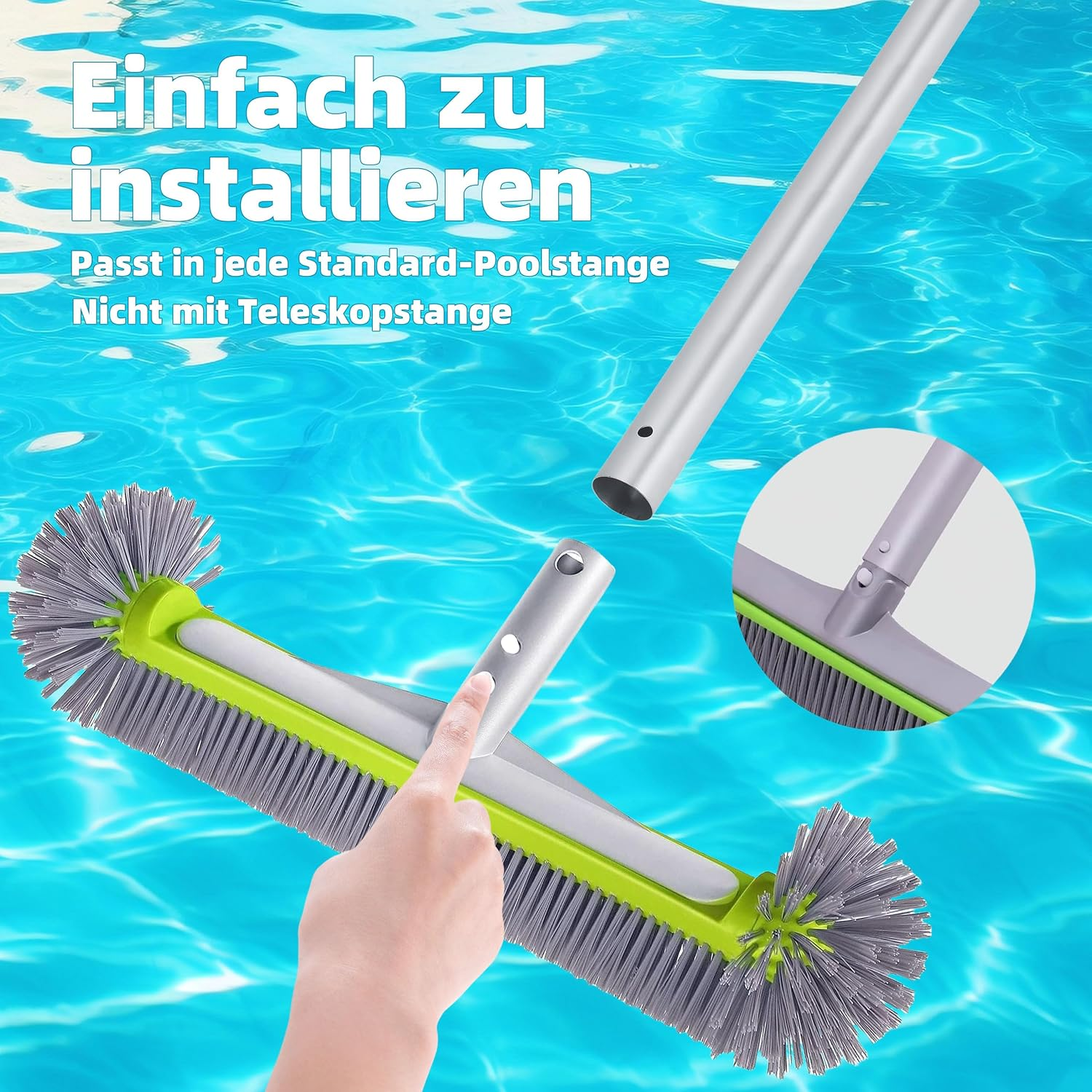Ein grüner Poolbürstenkopf wird an einen silbernen Stiel angebracht, mit deutschem Text.