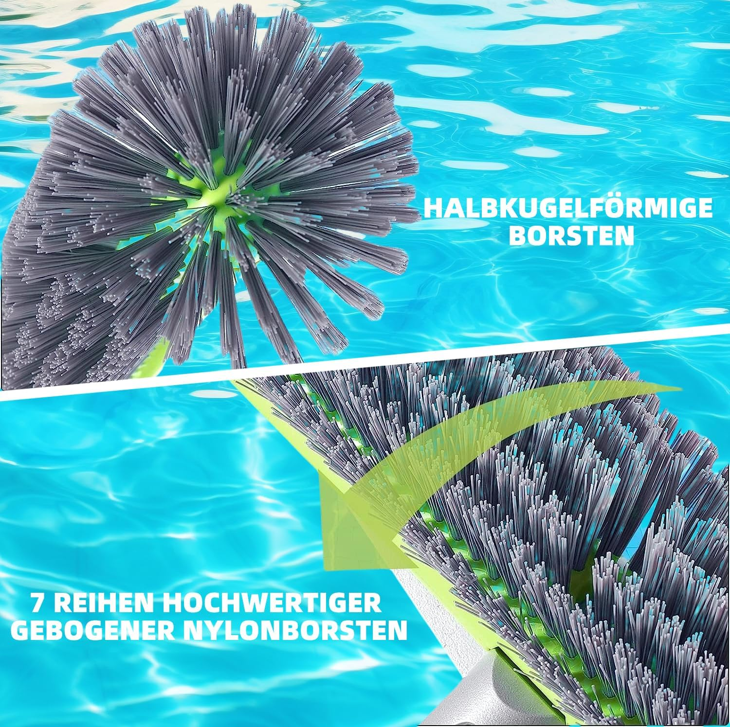 Bürstenkopf mit grauen Borsten über blauem Wasser. Text: Halbkugelförmige Borsten.