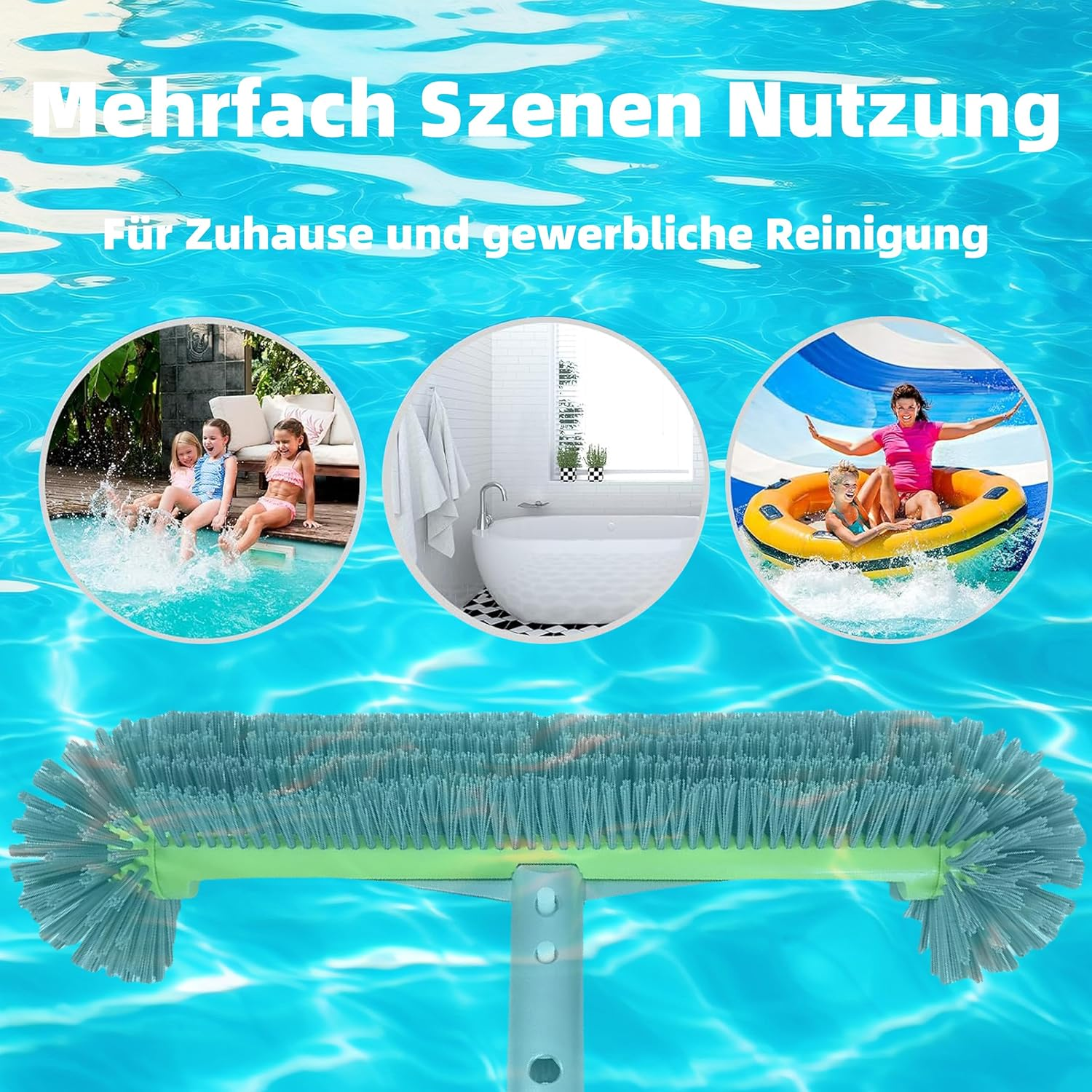 Ein Reinigungsgerät mit Bürstenkopf über einem aquatischen Hintergrund mit drei Kreisen.