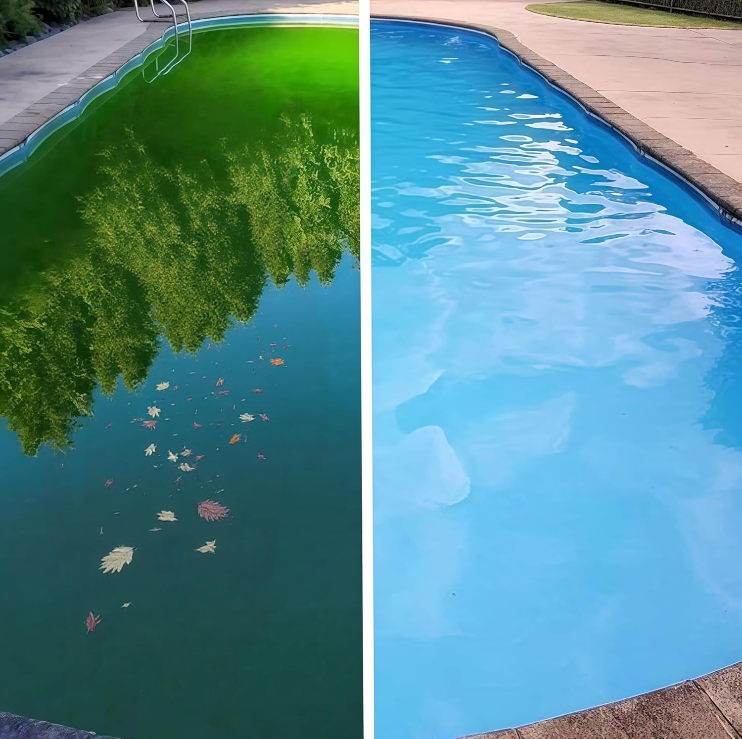 Ein geteiltes Bild zeigt links einen grünen, trüben Swimmingpool voller Blätter und rechts einen sauberen, blauen Pool.