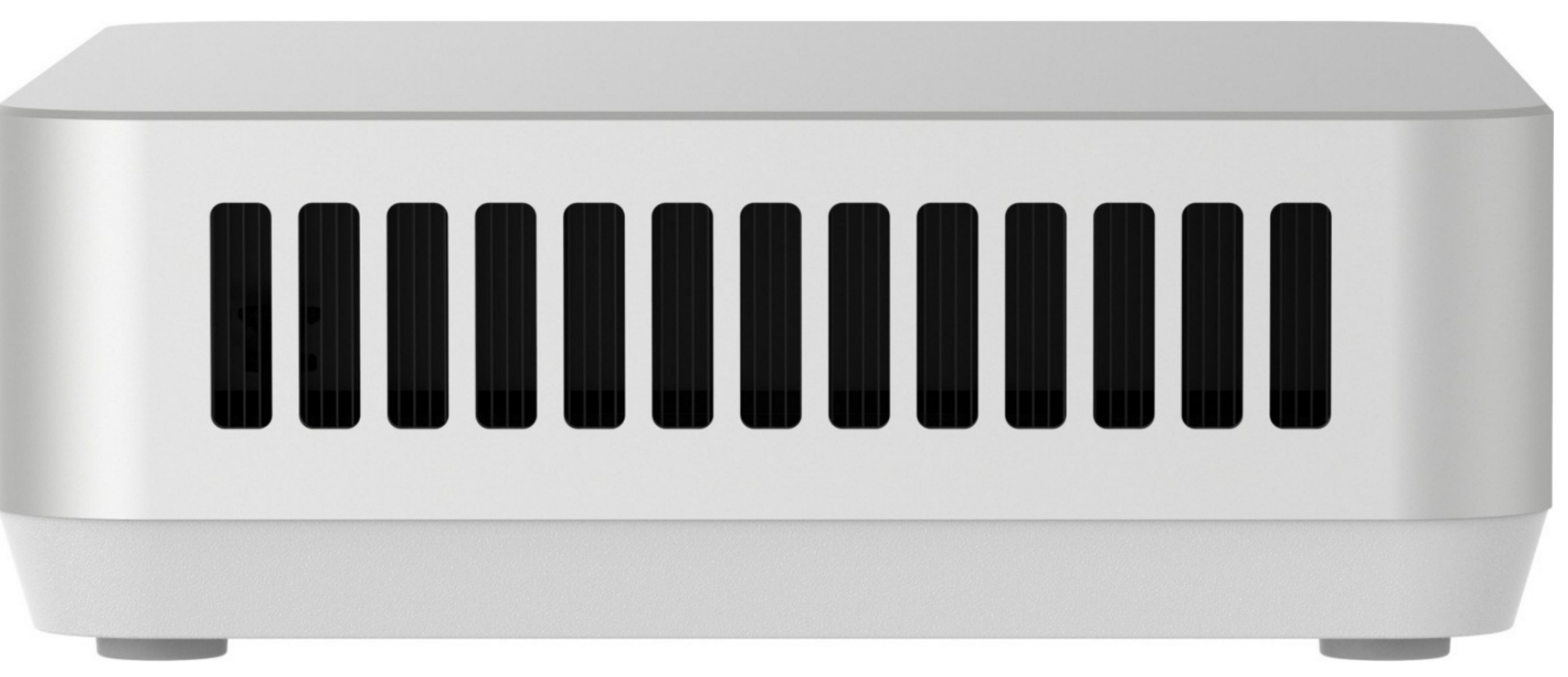 Białe prostokątne urządzenie z otworami wentylacyjnymi i szarymi nóżkami.