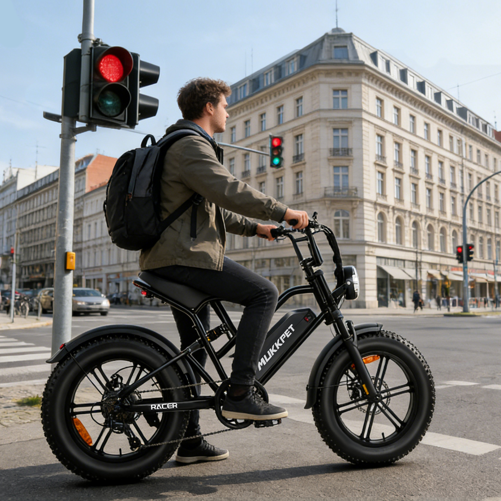 Ein Mann auf einem schwarzen E-Bike mit dicken Reifen wartet an einer roten Ampel auf einer Stadtstraße, Gebäude im Hintergrund.