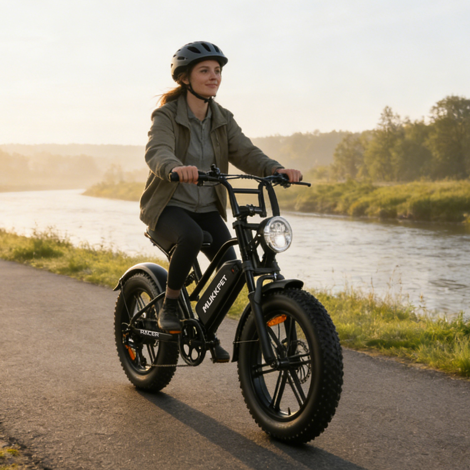 Eine Frau mit Helm fährt ein schwarzes E-Bike auf einem asphaltierten Weg neben einem Fluss.