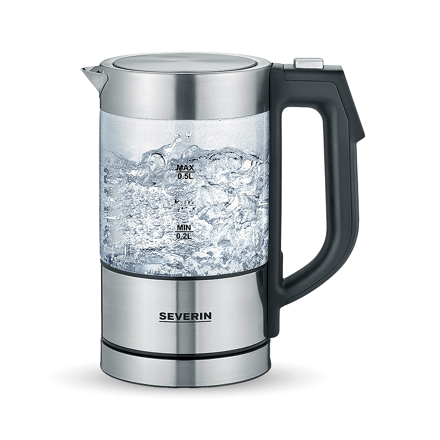 Szklany czajnik z czarną rączką stoi na podstawie, w środku wrze woda.