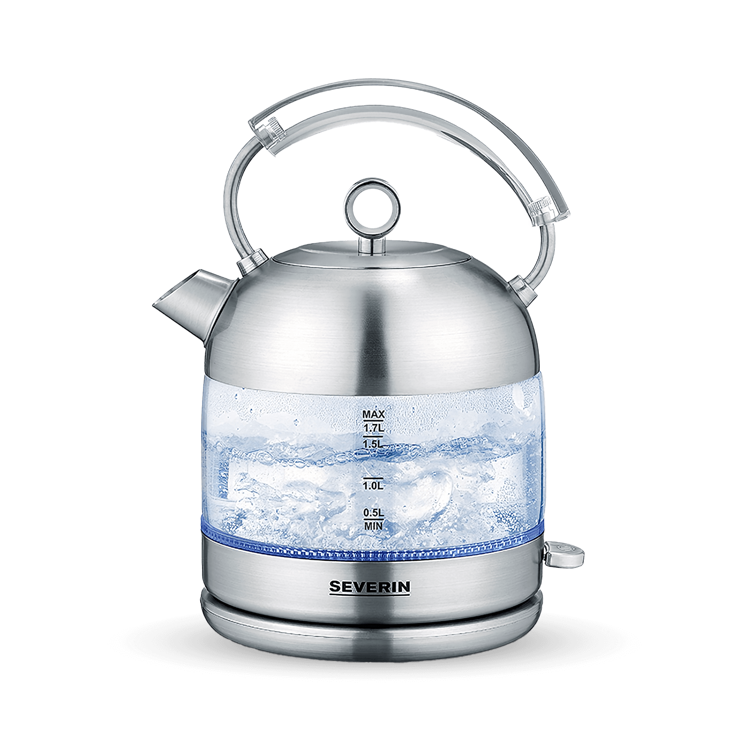 Srebrny czajnik ze szklanym korpusem, pokazujący wrzącą wodę z niebieskim podświetleniem.