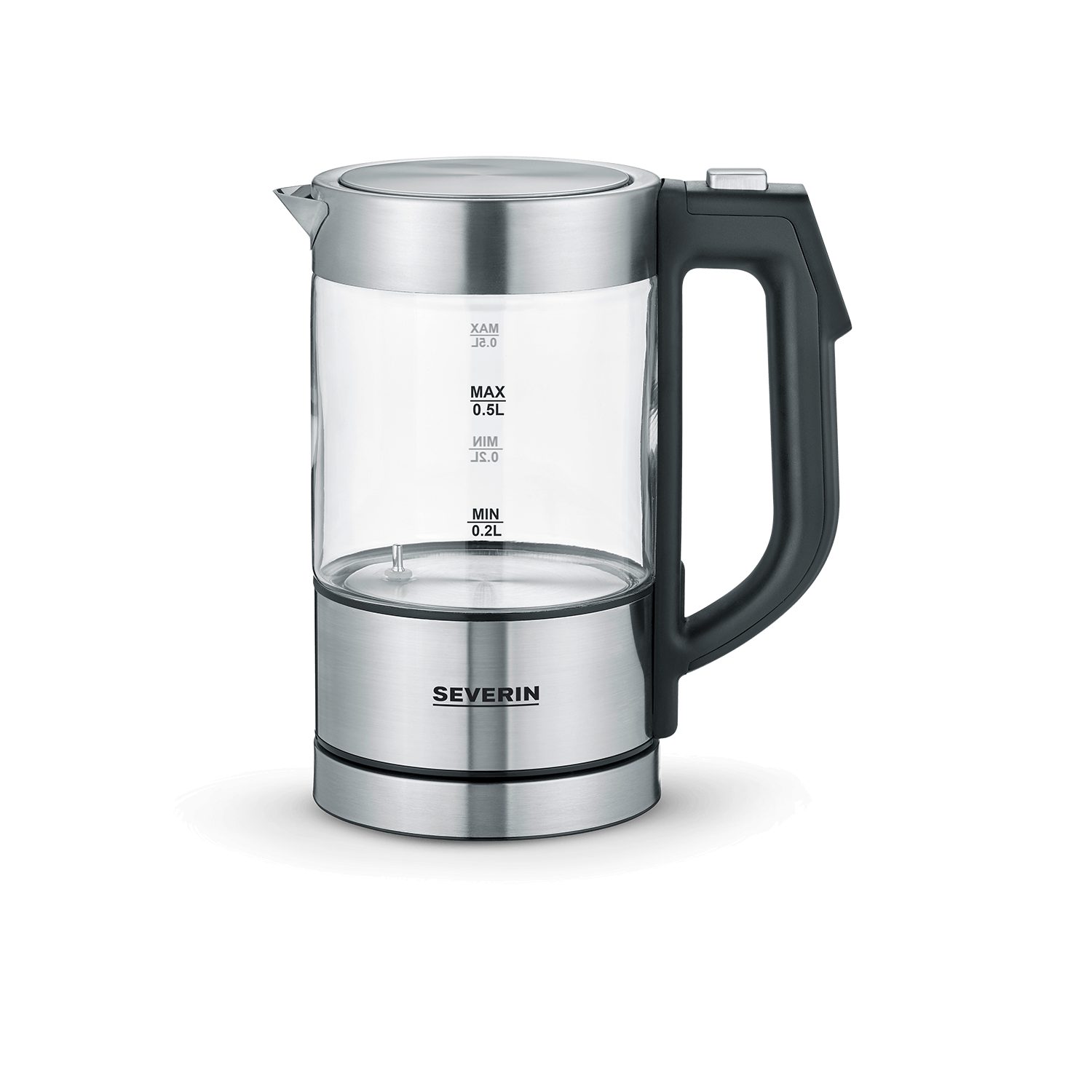 Przezroczysty czajnik ze stalową podstawą i czarną rączką.