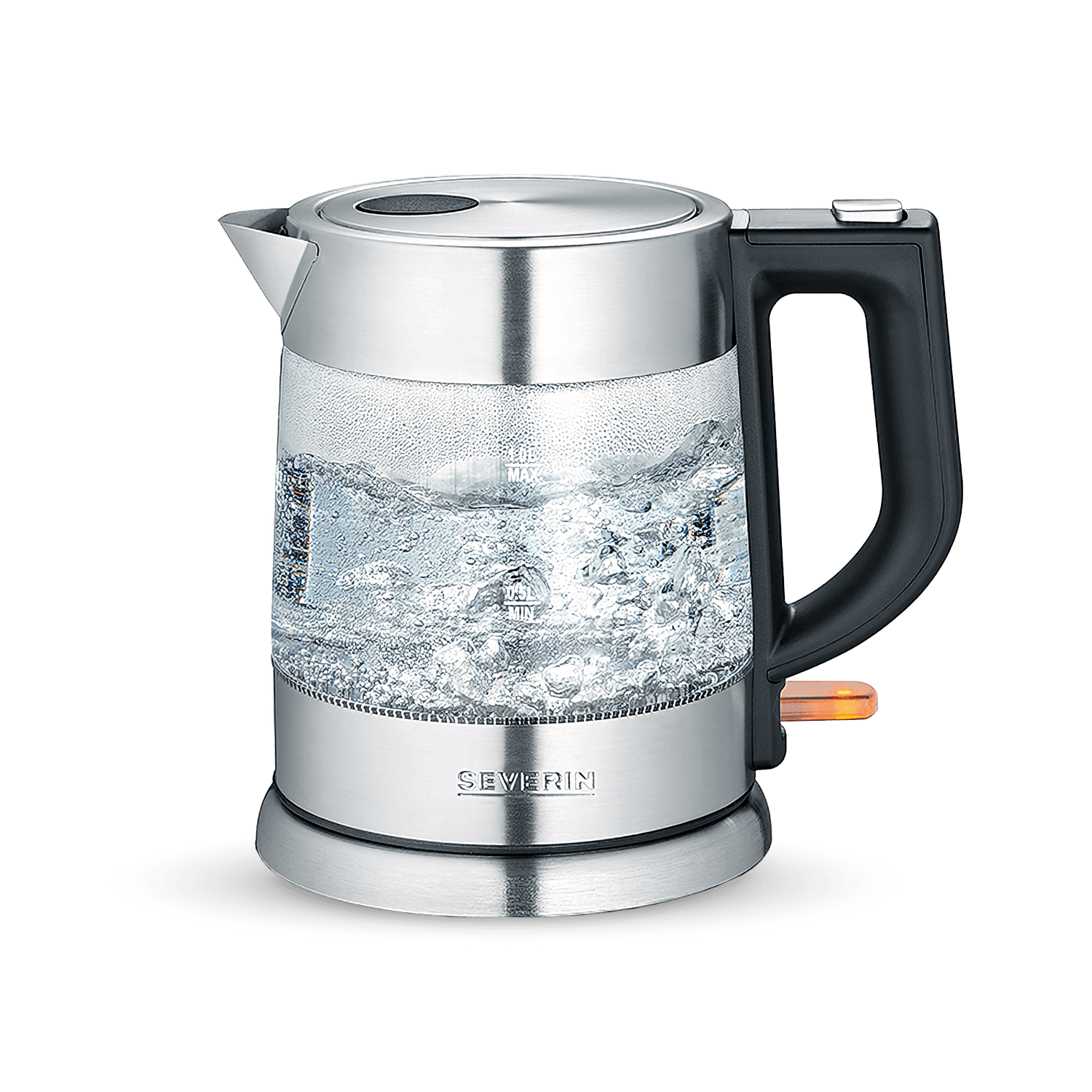 Przezroczysty czajnik szklany z srebrną podstawą i rączką gotuje wodę.