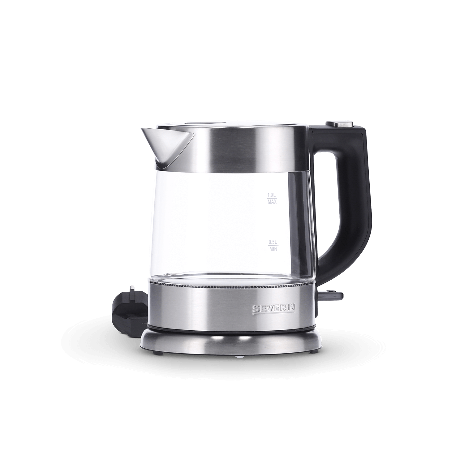 Srebrny czajnik elektryczny ze szkła i metalu z czarnym uchwytem.