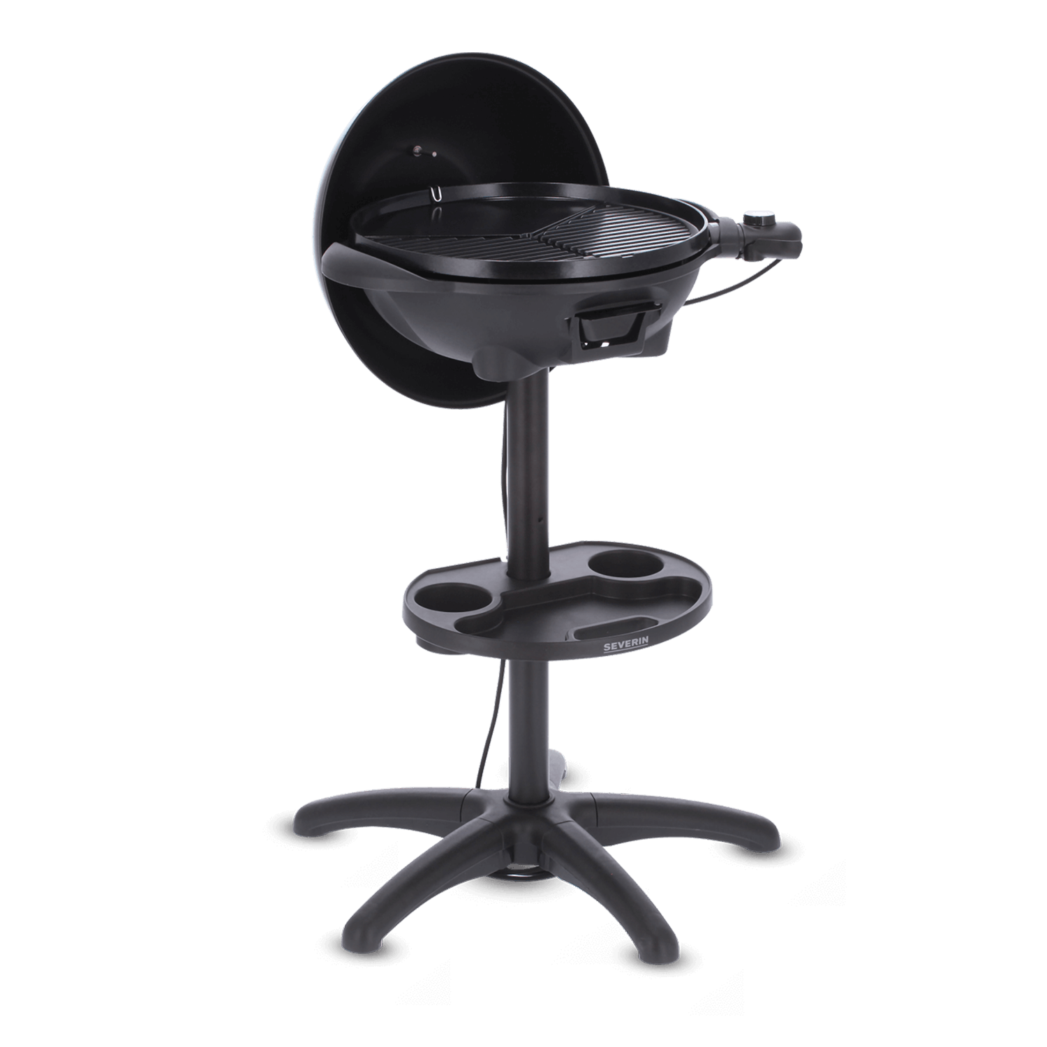 A black electric grill on a stand with a shelf and multiple cup holders.
