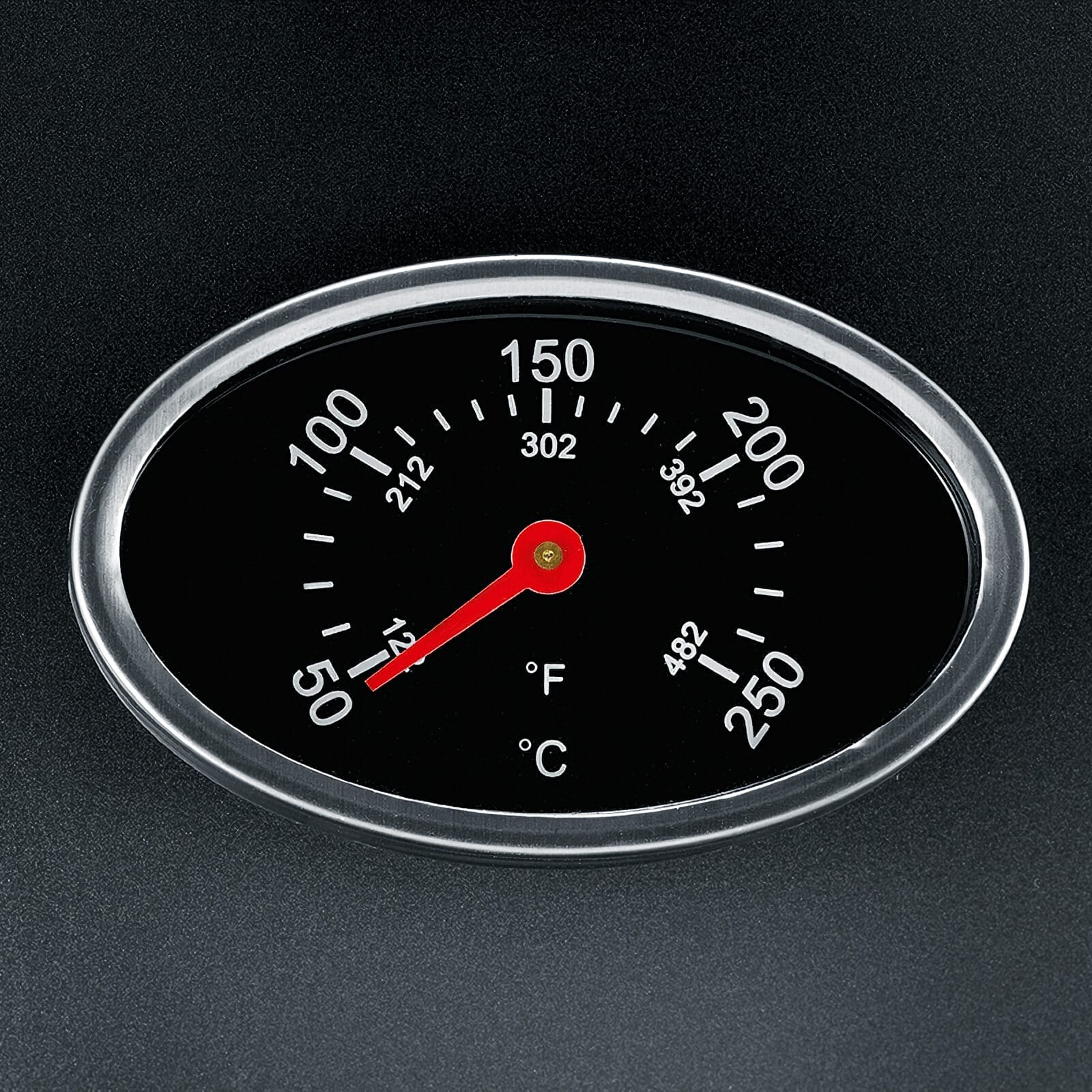A thermometer with a red pointer on a black dial, showing approx. 120°F/50°C.