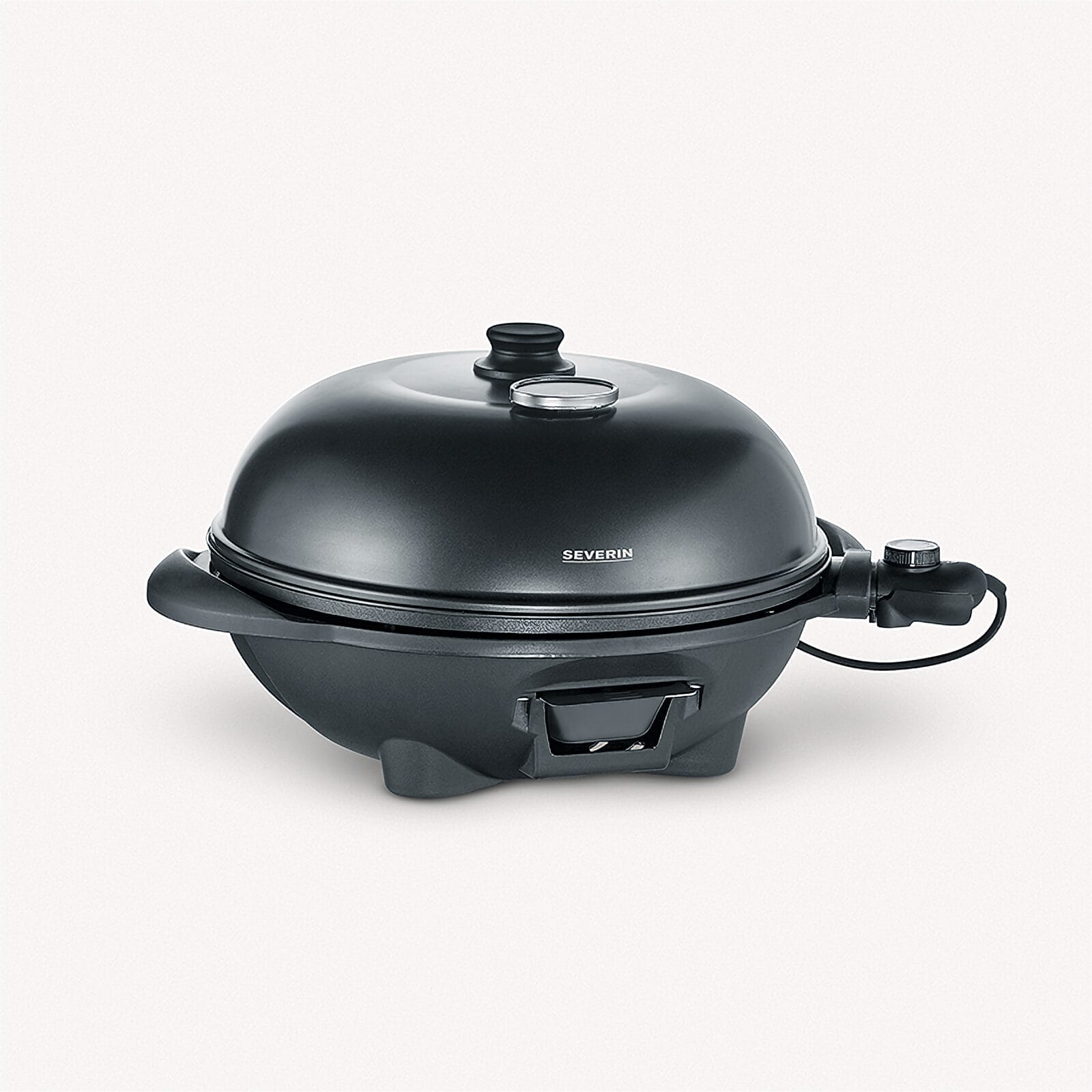 Black electric grill with lid, knob, and cord on a light background.