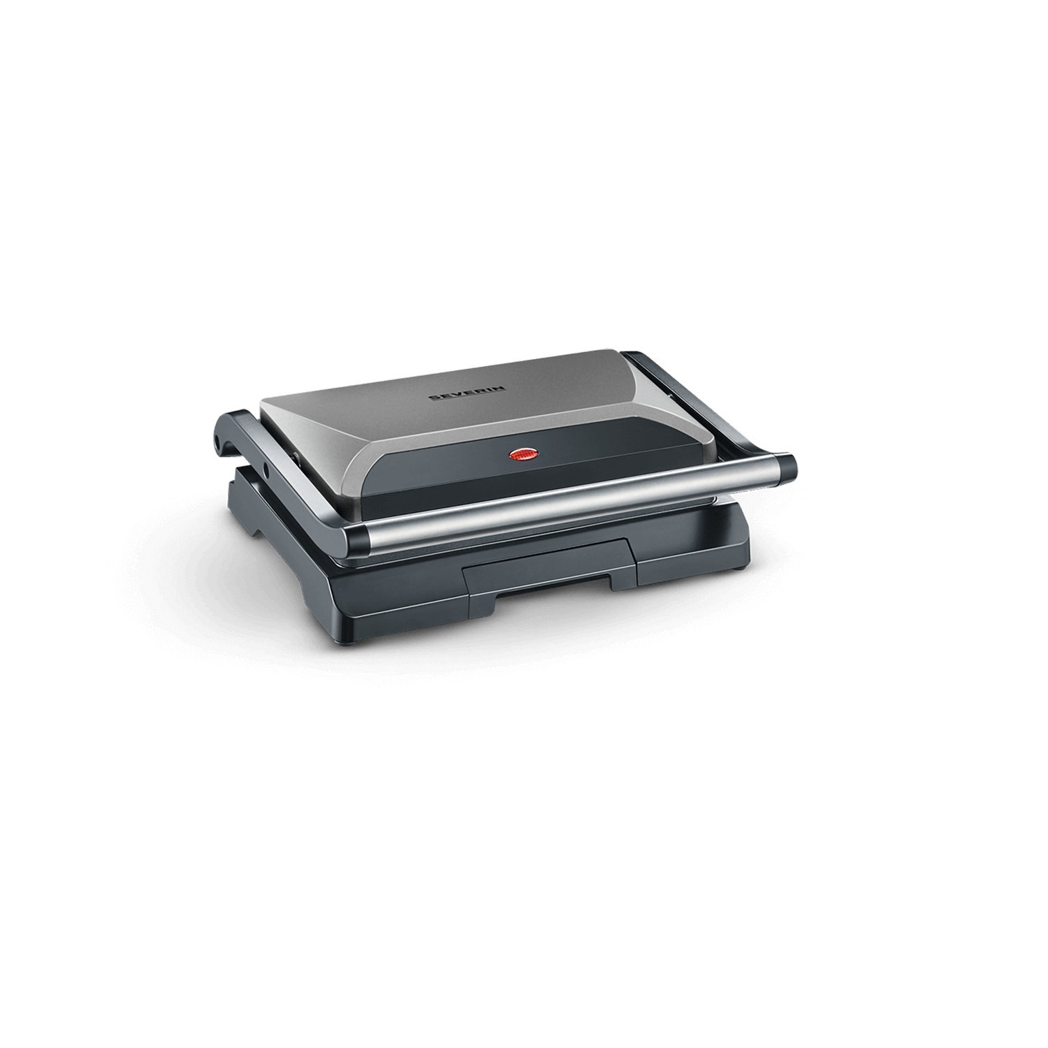 Een gesloten zilveren contactgrill met rood lampje op zwarte achtergrond.