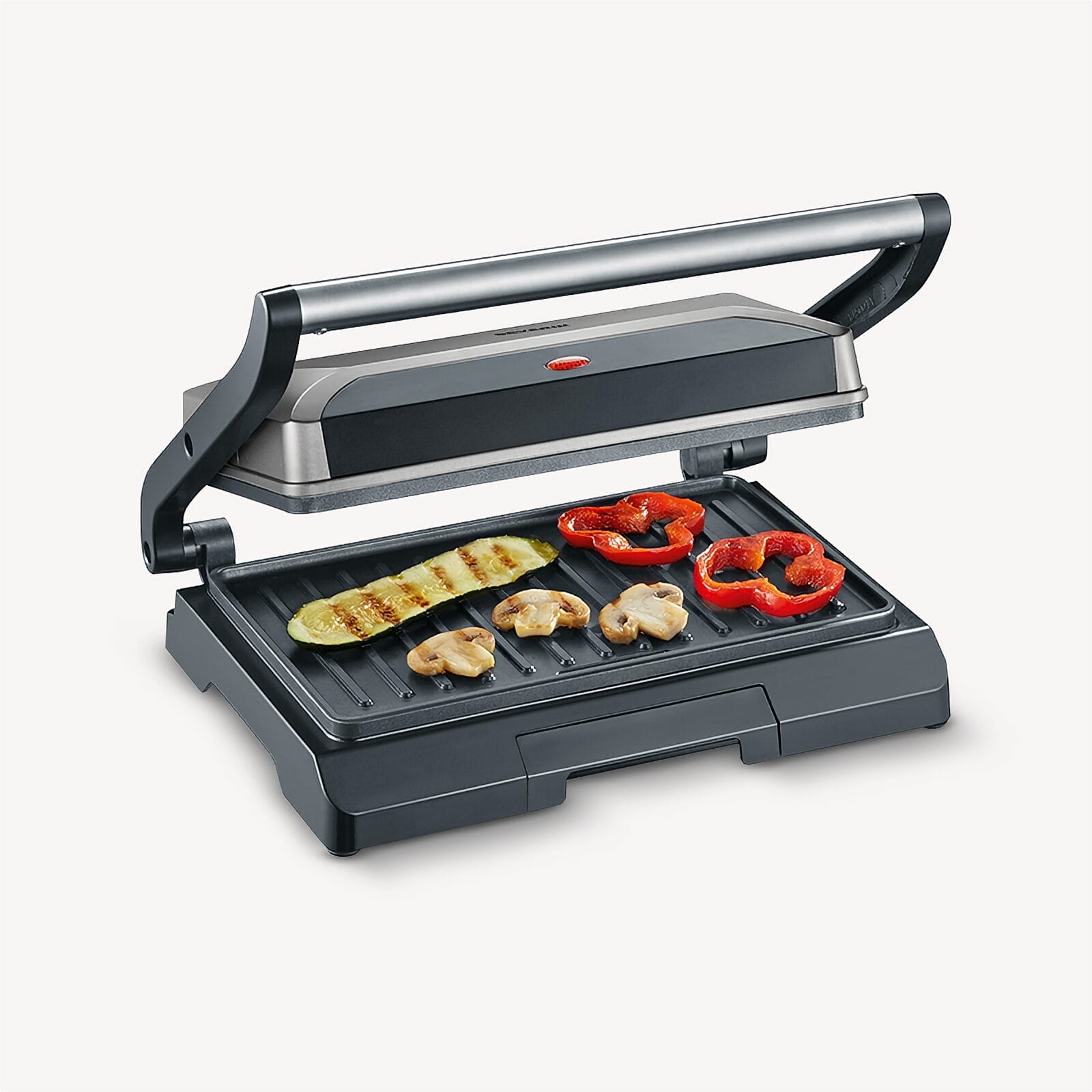 Een open contactgrill met courgette, champignons en paprika.