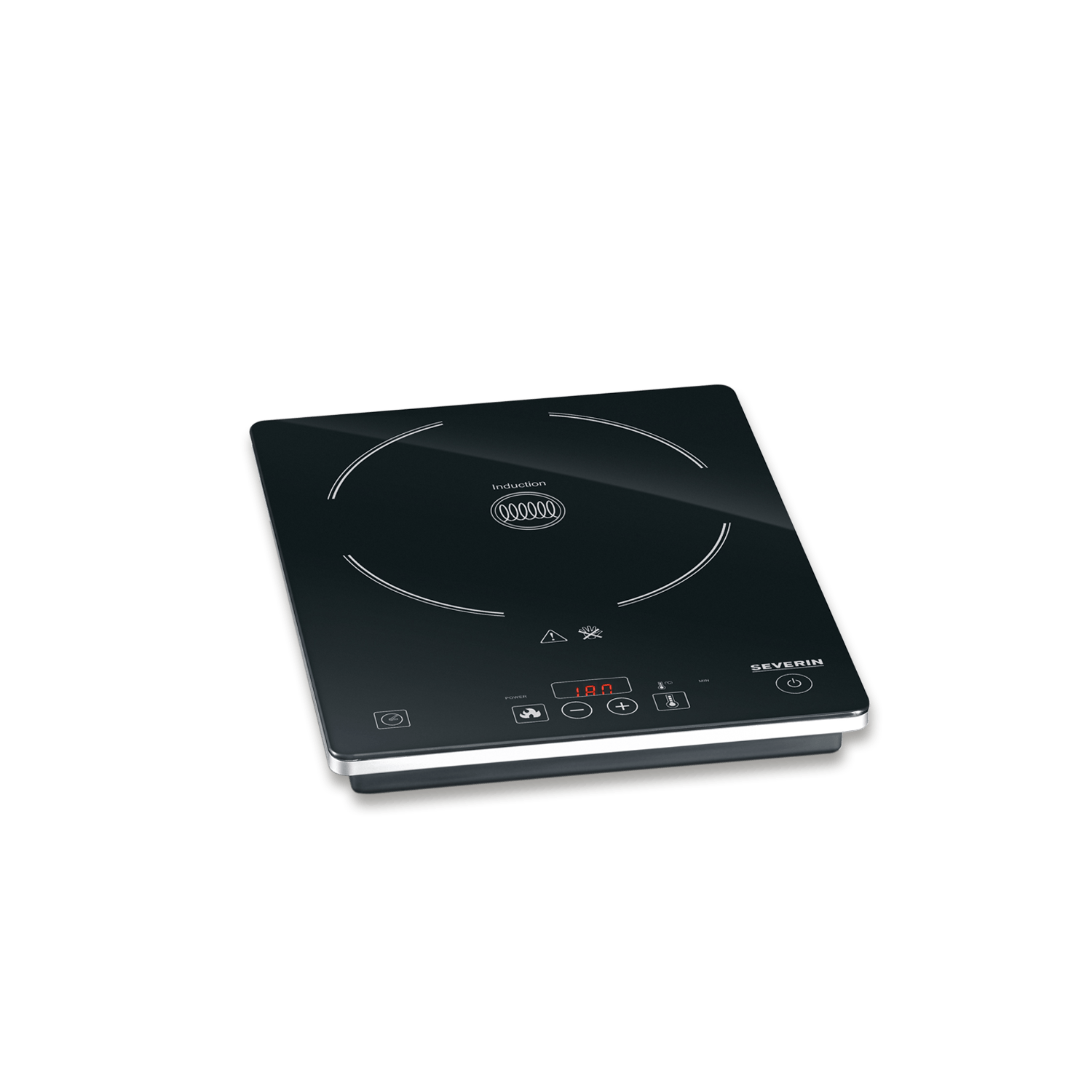 Czarna płyta indukcyjna z cyfrowym wyświetlaczem i przyciskami.