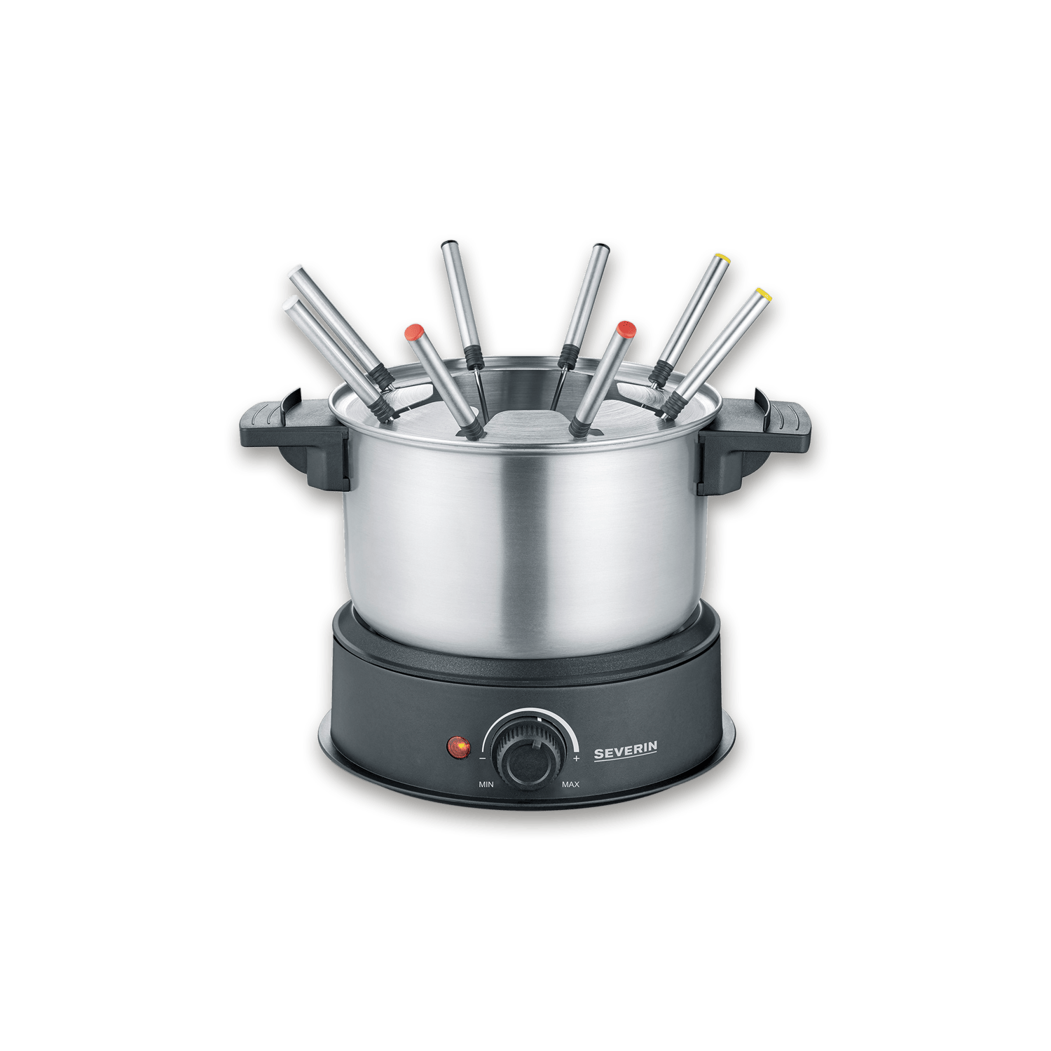 A stainless steel fondue set with a black base and six forks with colored tips.