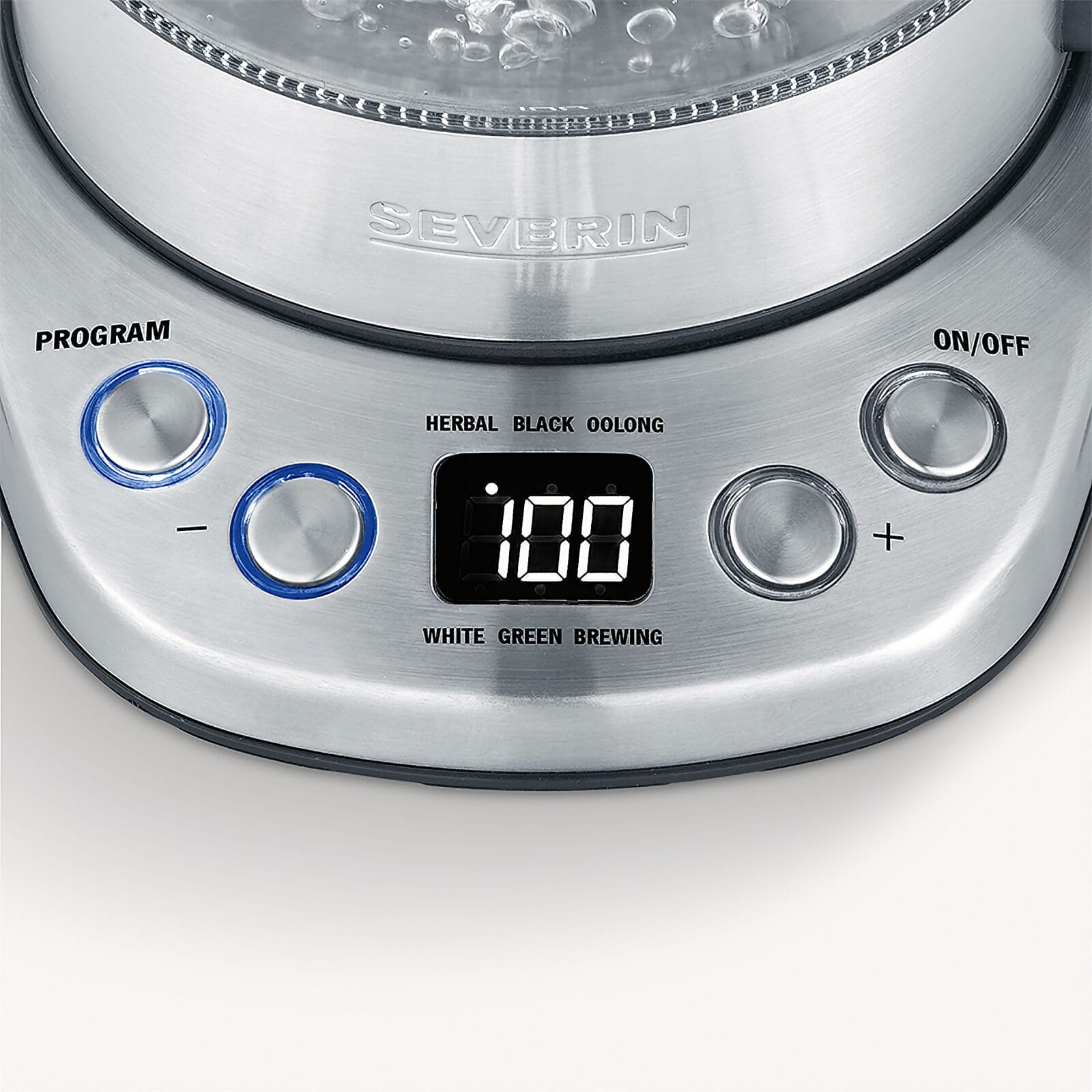 Bollitore in acciaio inox con display digitale '100' e pulsanti.