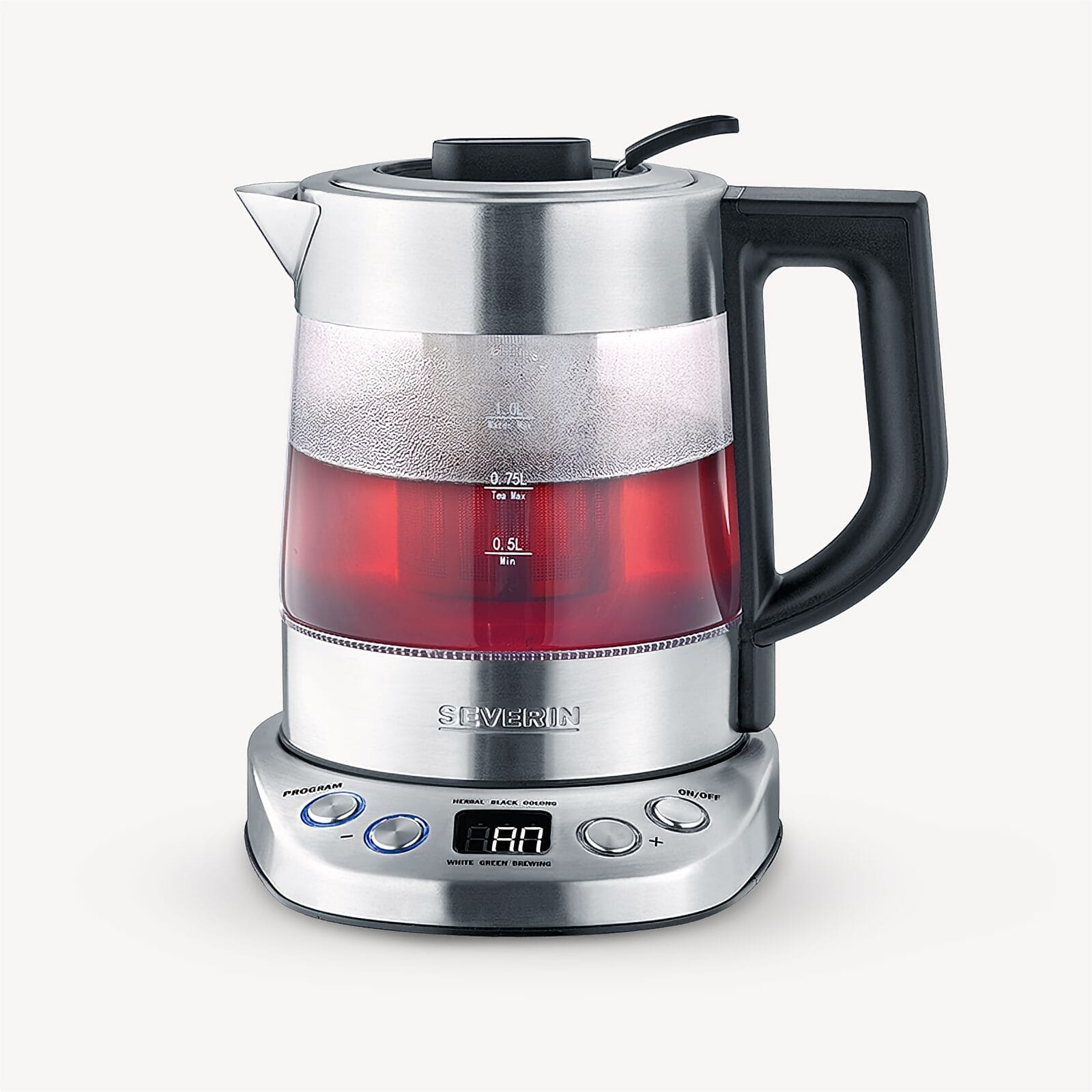 Bollitore da tè in acciaio inox con caraffa in vetro e tè rosso, display digitale.