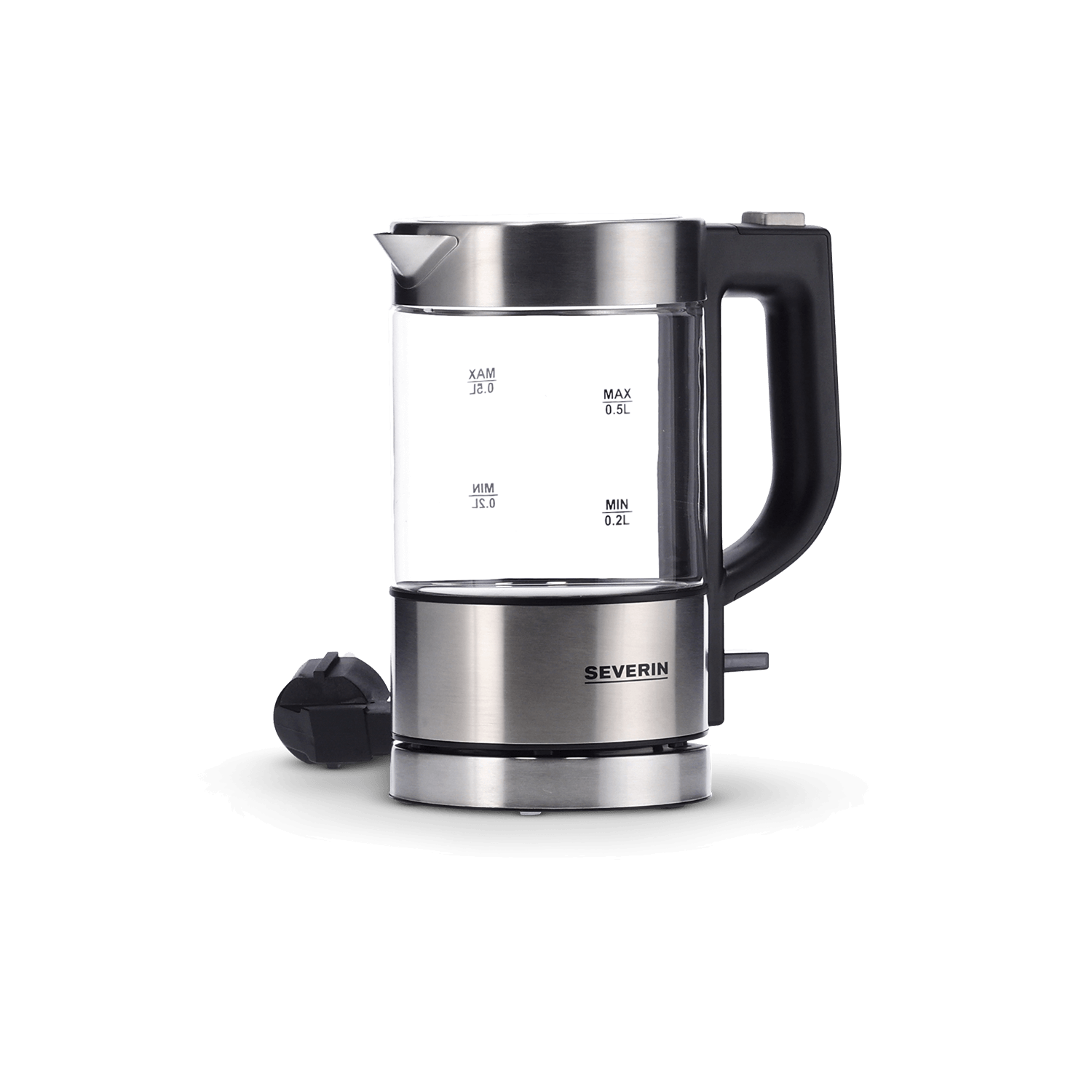 Szklany czajnik z podstawą ze stali nierdzewnej i czarną rączką, na czarnym tle.