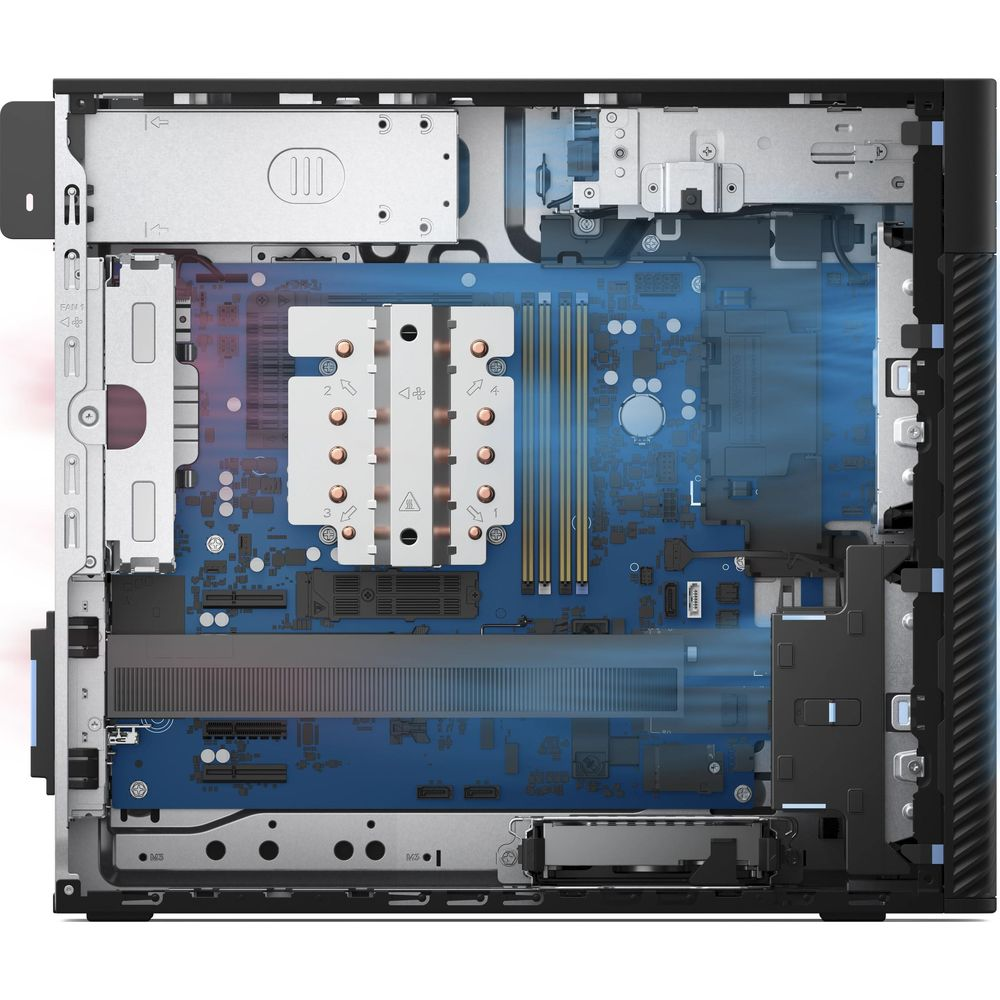 Widok wnętrza komputera pokazujący płytę główną, wentylatory i radiatory. Niebieskie powietrze przepływa przez wnętrze.