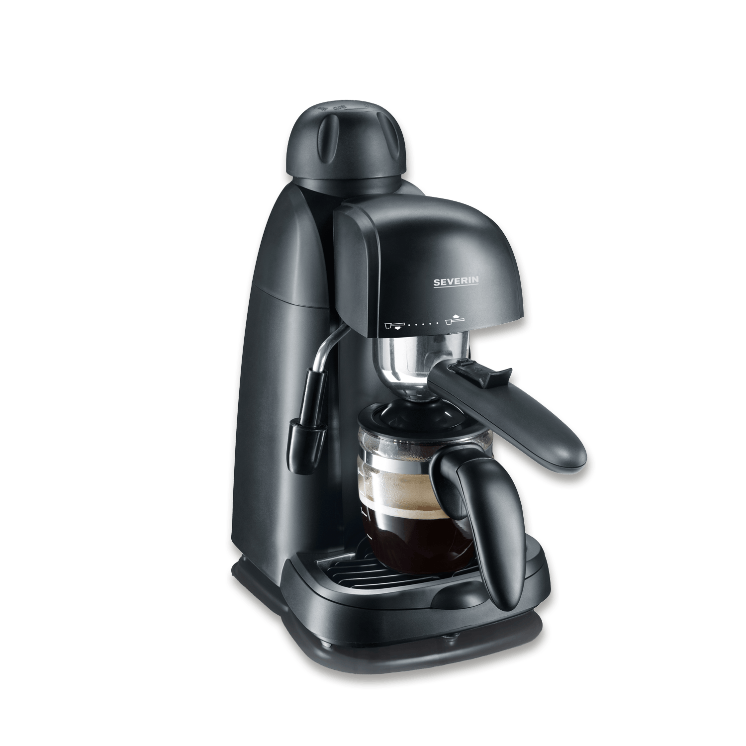 Schwarze Kaffeemaschine mit Glasbehälter voller Kaffee auf dunkelgrünem Hintergrund.