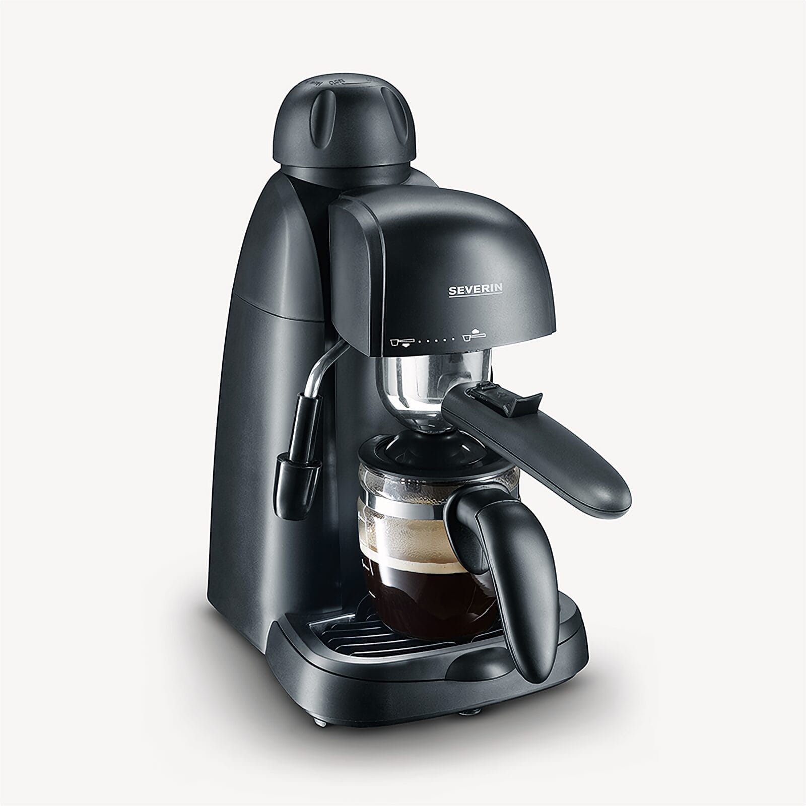 Schwarze Severin Espressomaschine mit Glasbehälter und Kaffee.