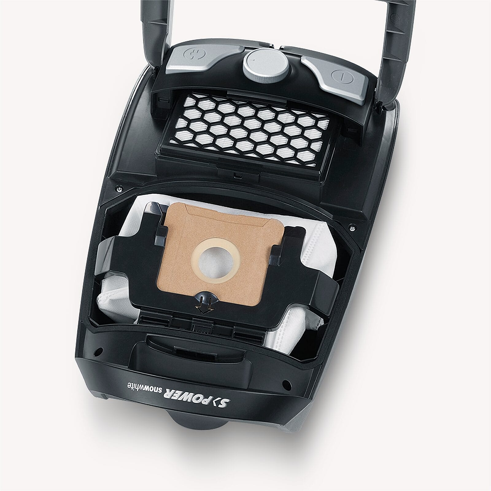 Czarny odkurzacz z otwartą komorą, pokazujący worek na kurz i filtr.