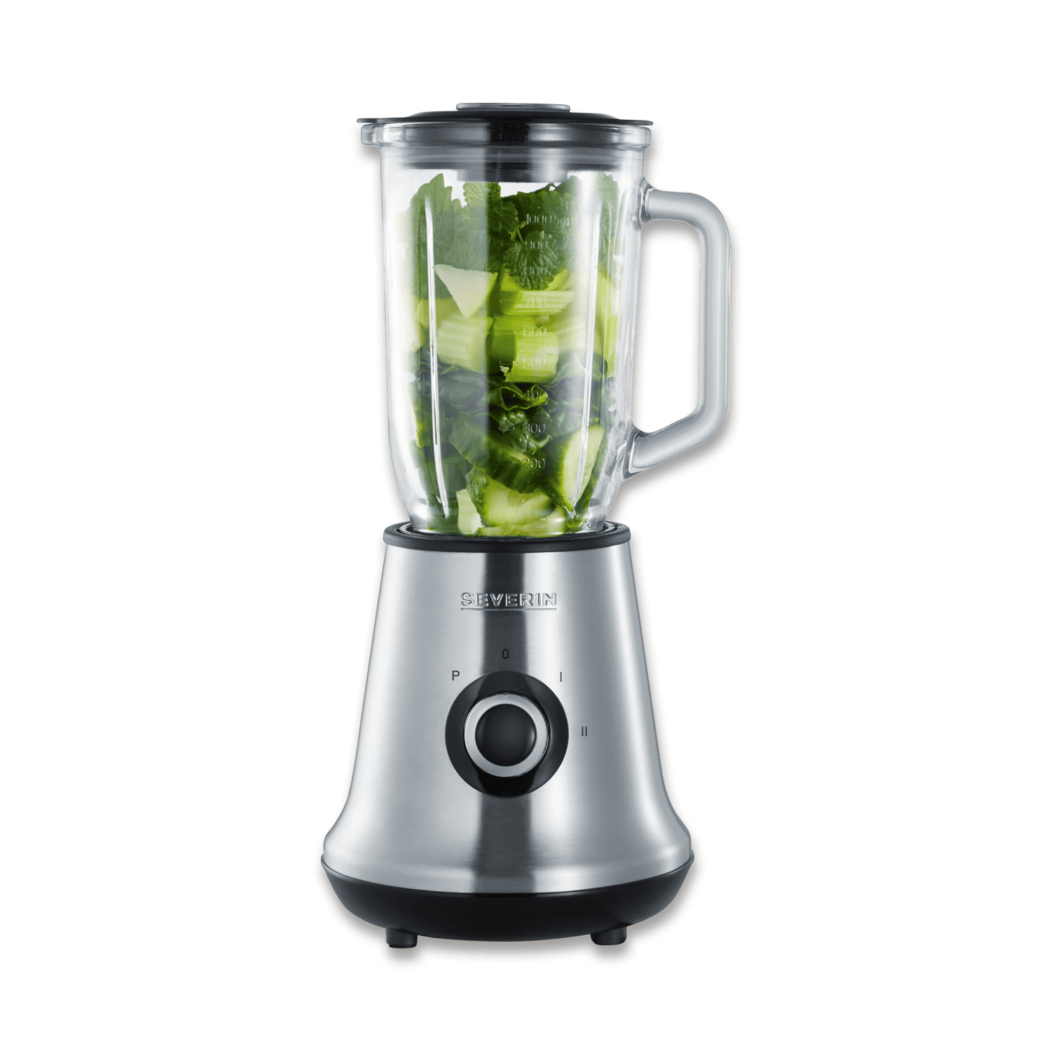 Ein silberner Mixer mit Glasbehälter, gefüllt mit grünen Zutaten.