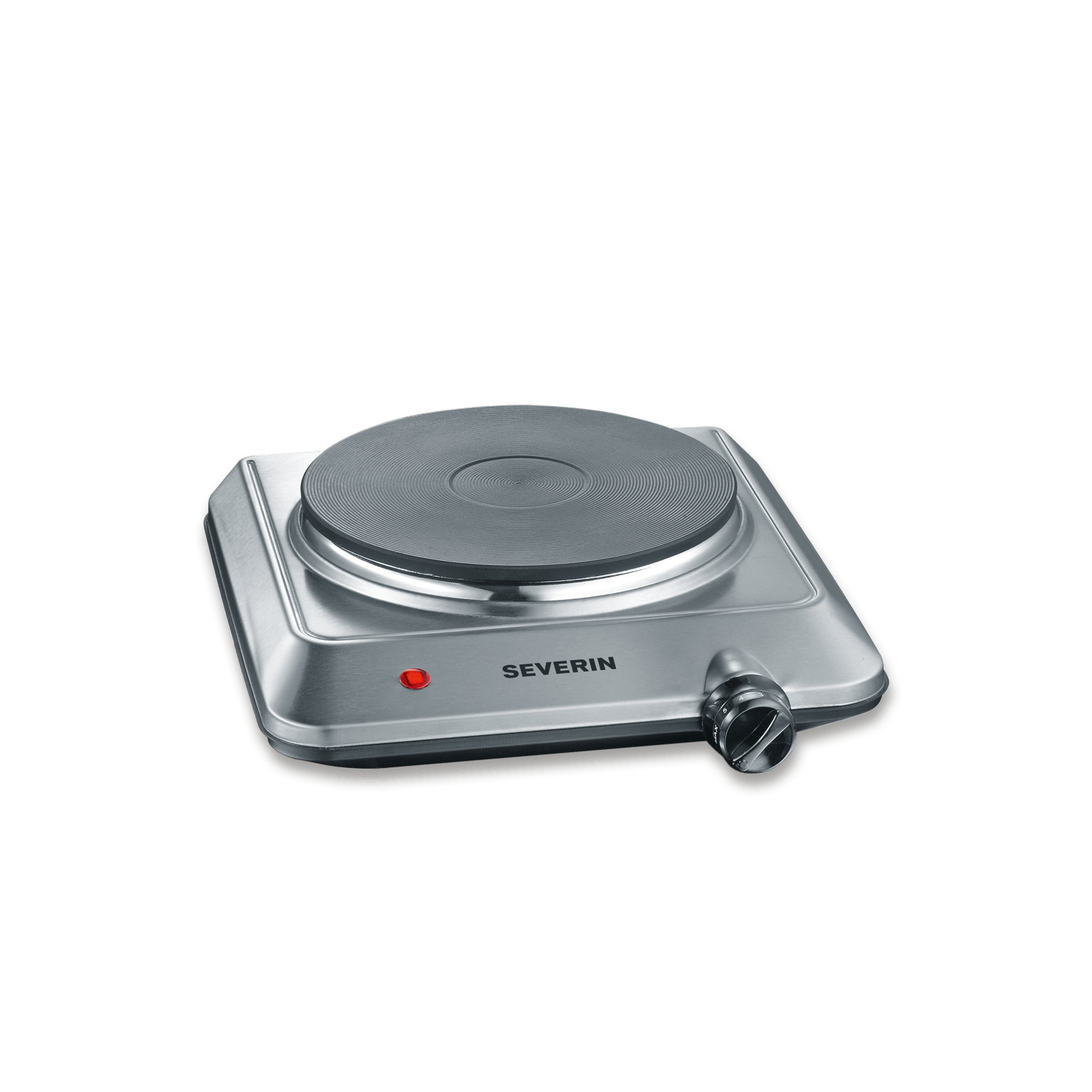 Srebrna kuchenka elektryczna Severin z czerwoną lampką kontrolną i pokrętłem.