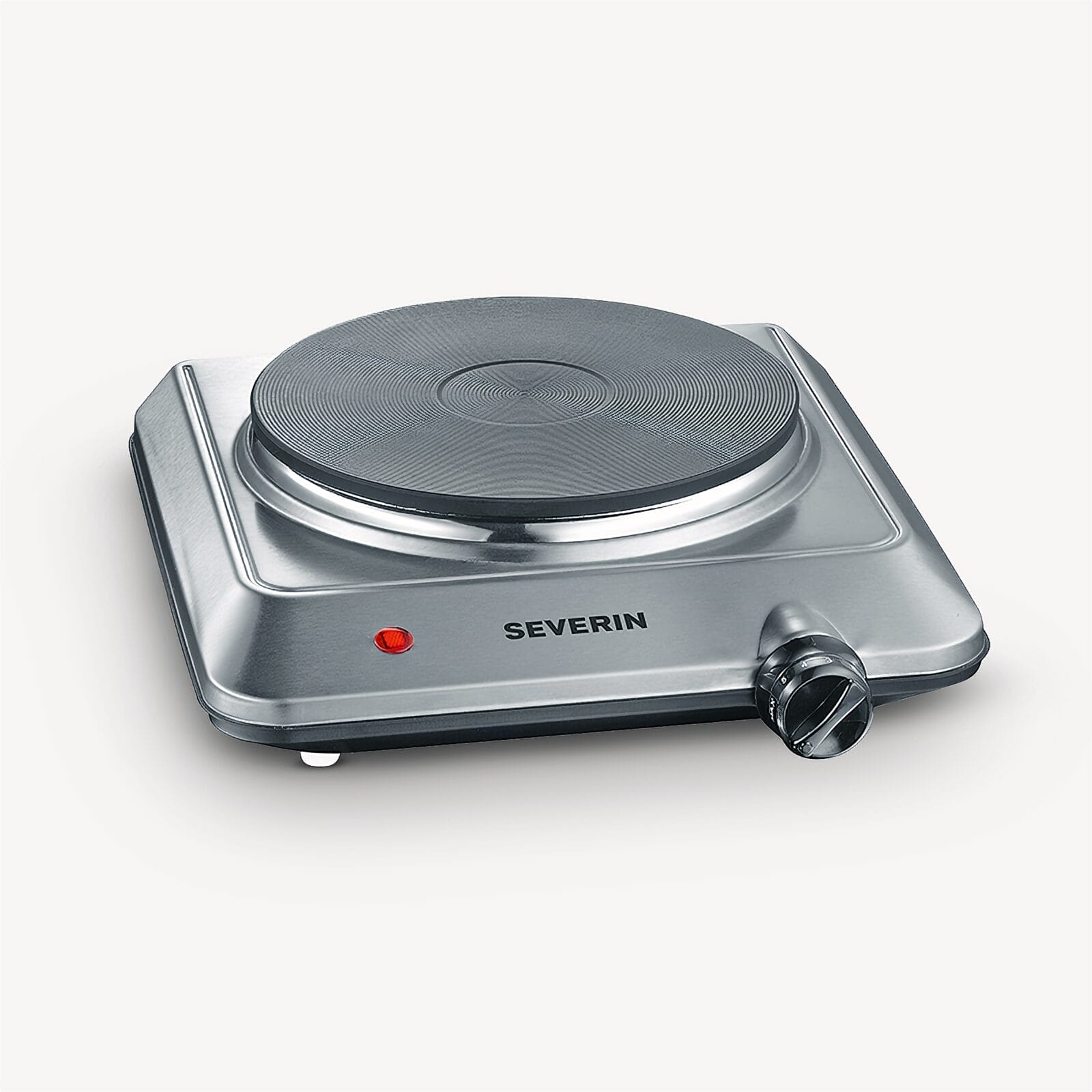 Srebrna płyta elektryczna Severin z czerwoną lampką kontrolną i pokrętłem.
