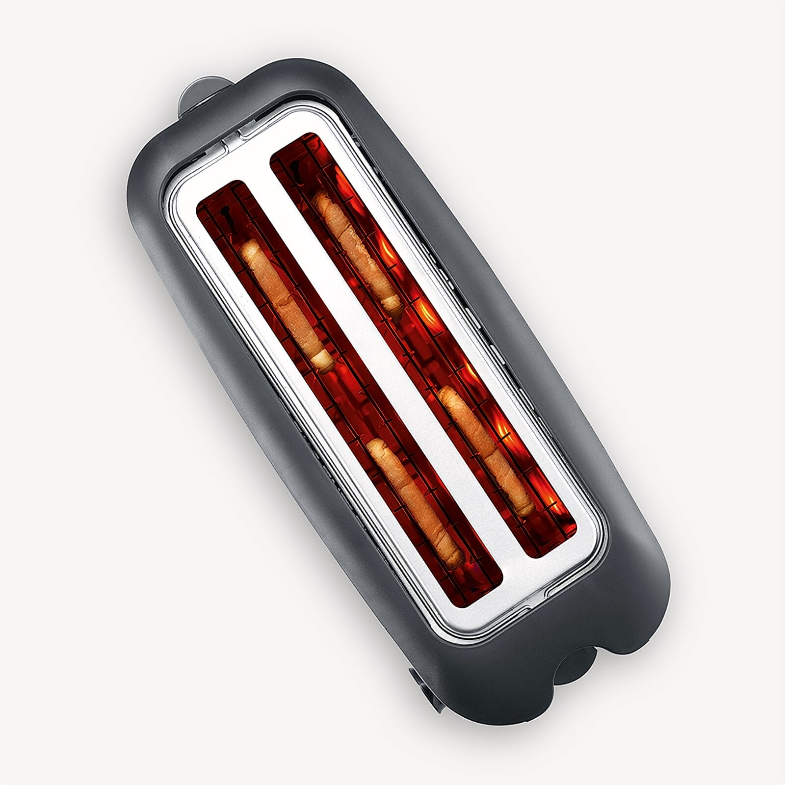 Toster z czterema tostującymi kromkami chleba.