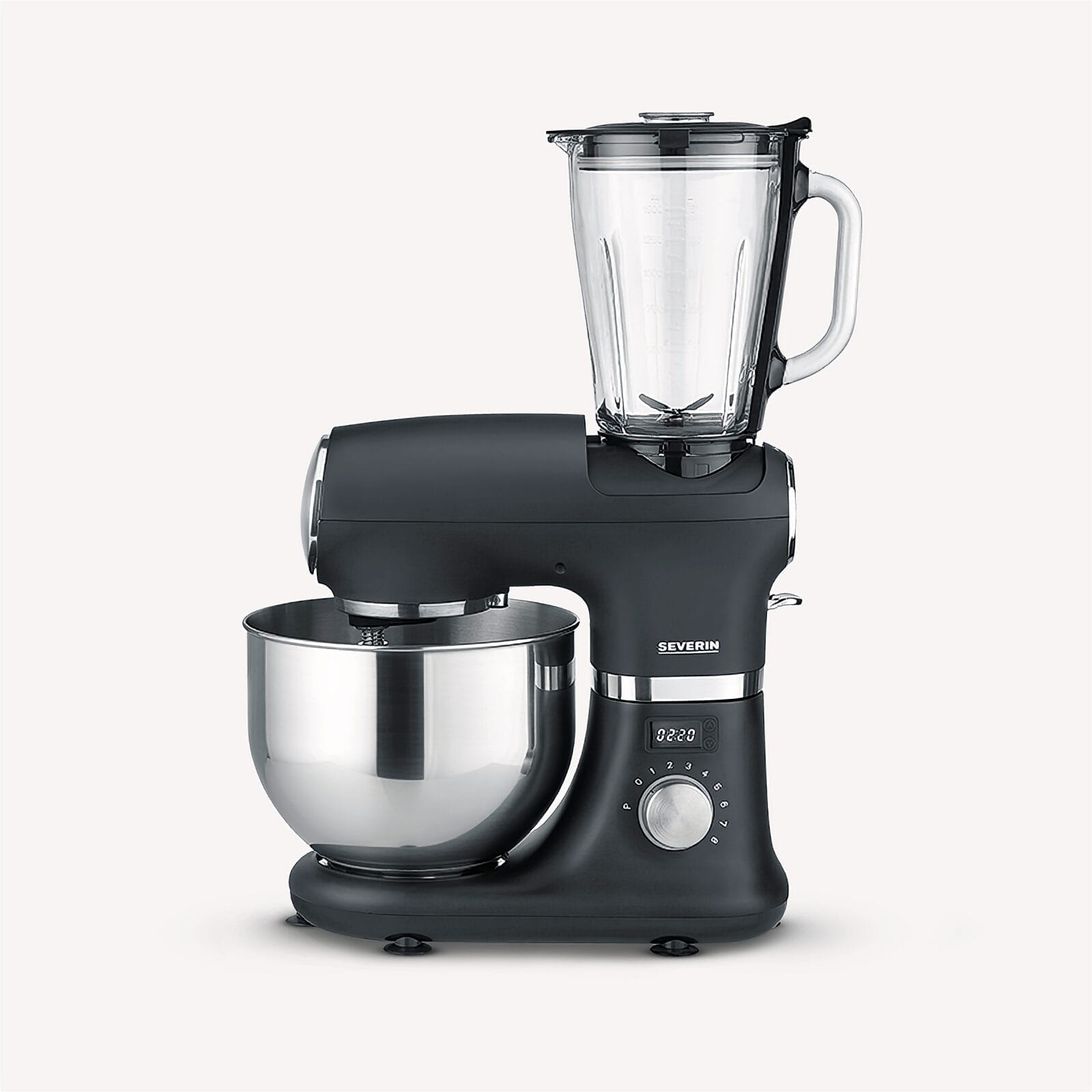 Black stand mixer with glass blender attachment and stainless steel bowl.