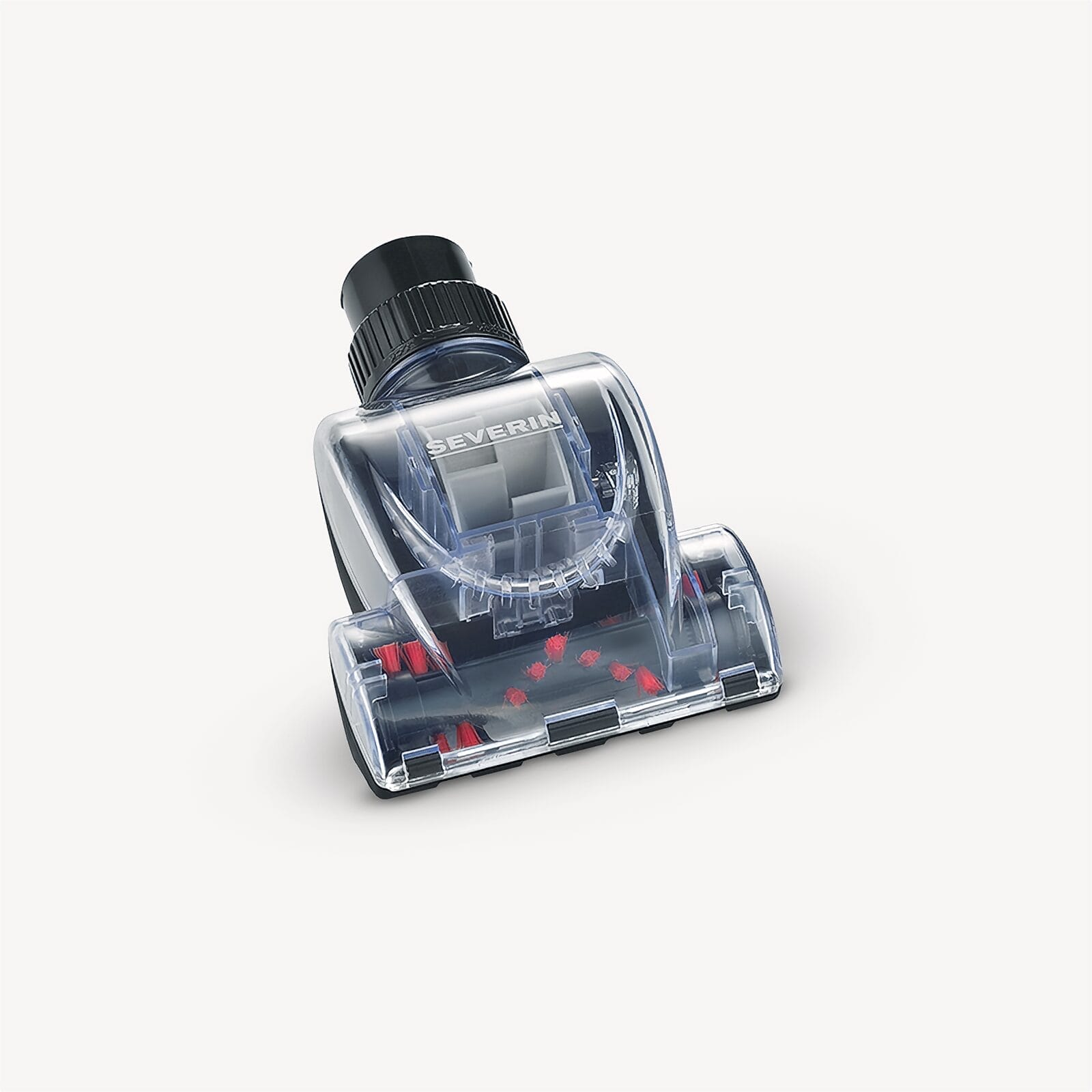 Een transparante stofzuigeraccessoire met zwarte connector en roterende borstels.