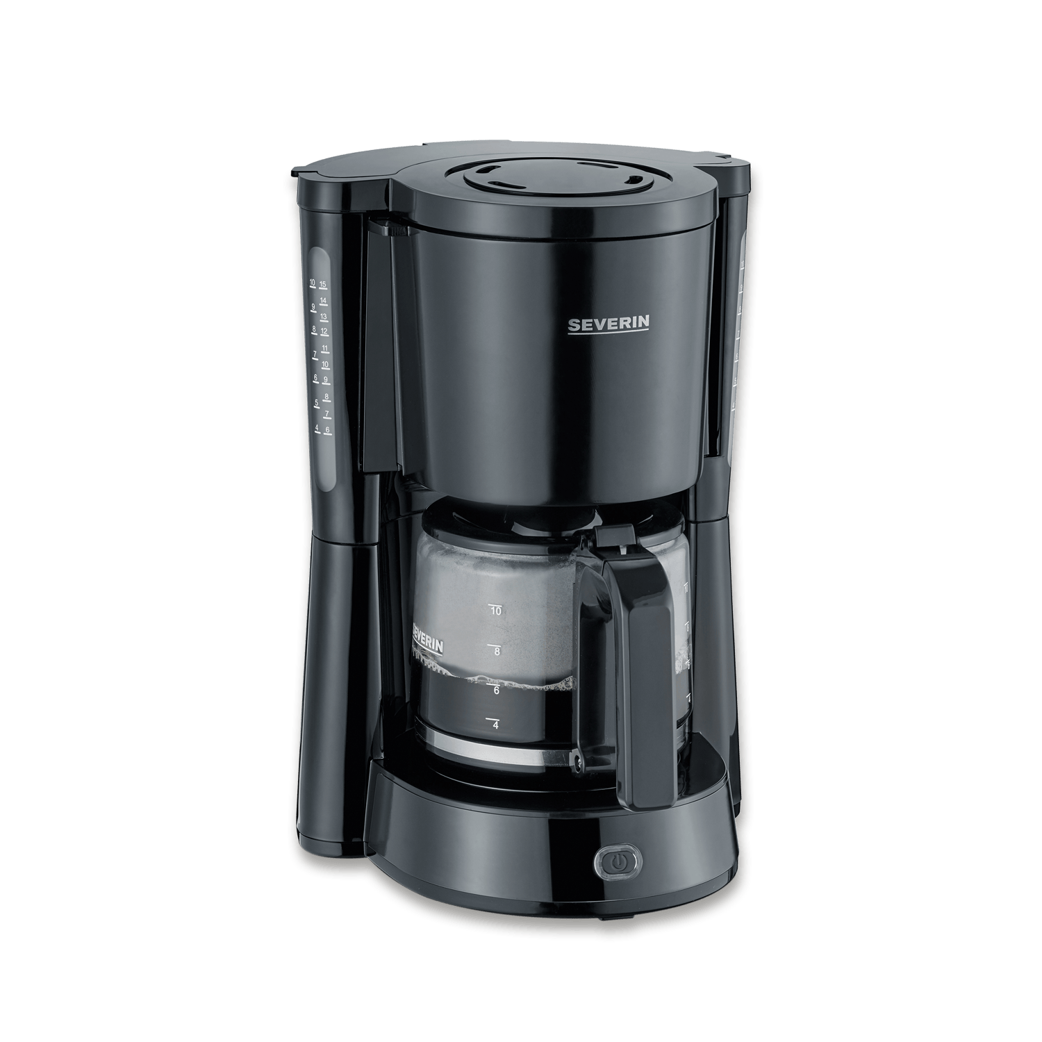 Czarny ekspres do kawy Severin ze szklanym dzbankiem i wskaźnikiem poziomu wody.