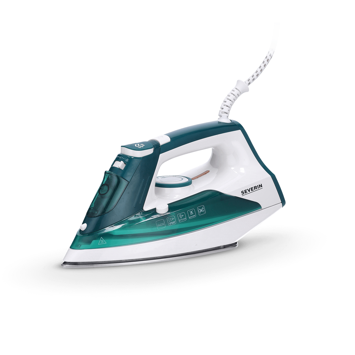 Nowoczesne biało-turkusowe żelazko parowe z kablem na czarnym tle.