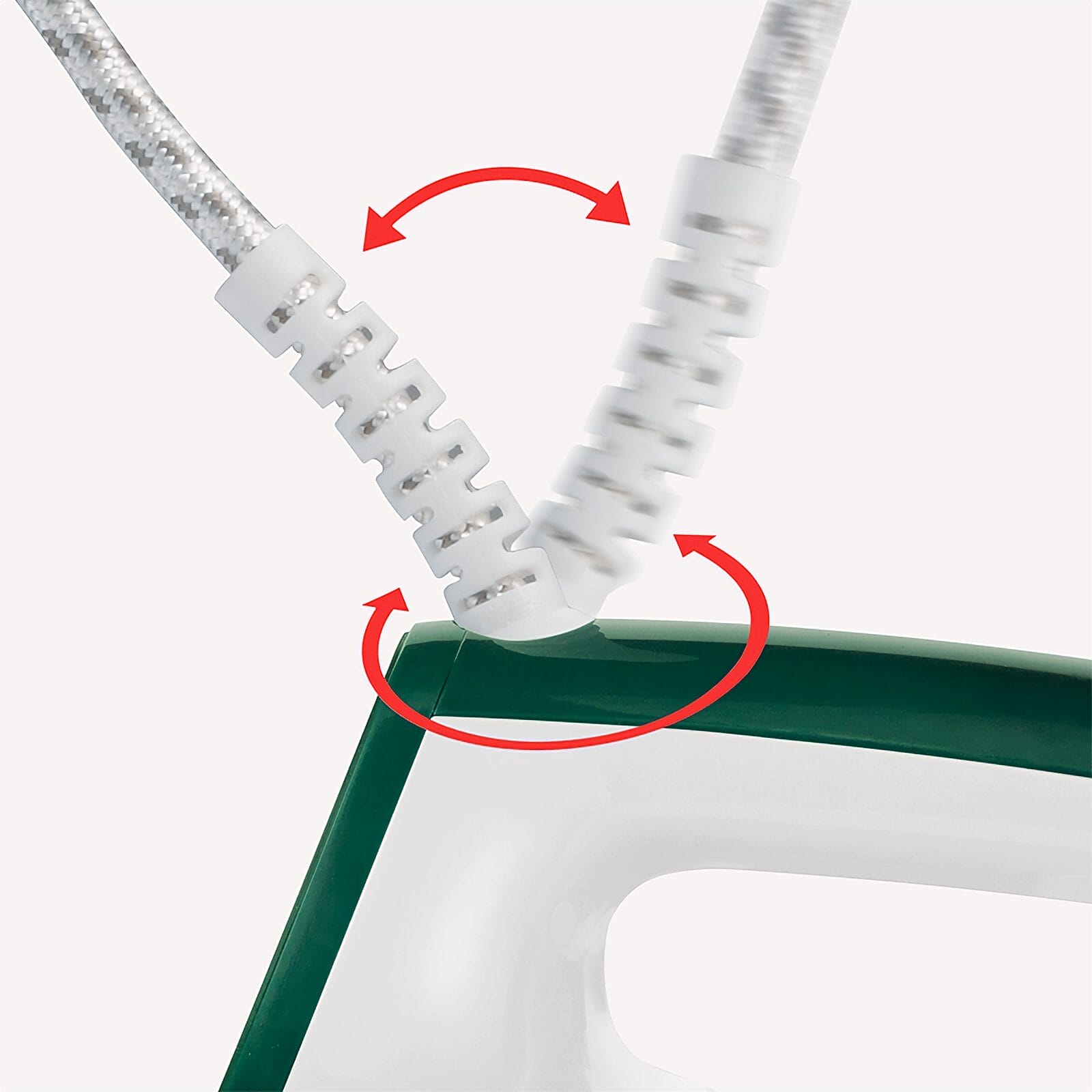 Żelazko z biało-zieloną obudową, elastycznym kablem i czerwonymi strzałkami ruchu.