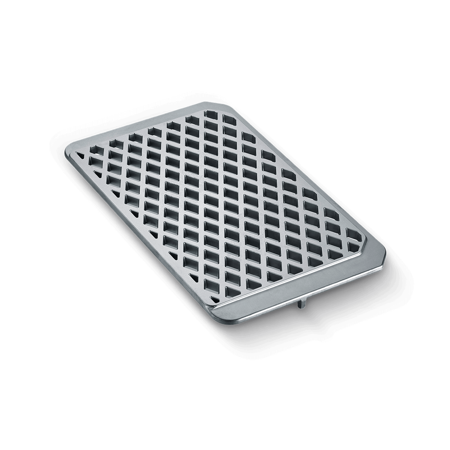 A rectangular, silver metal grate with a diamond pattern on a black background.