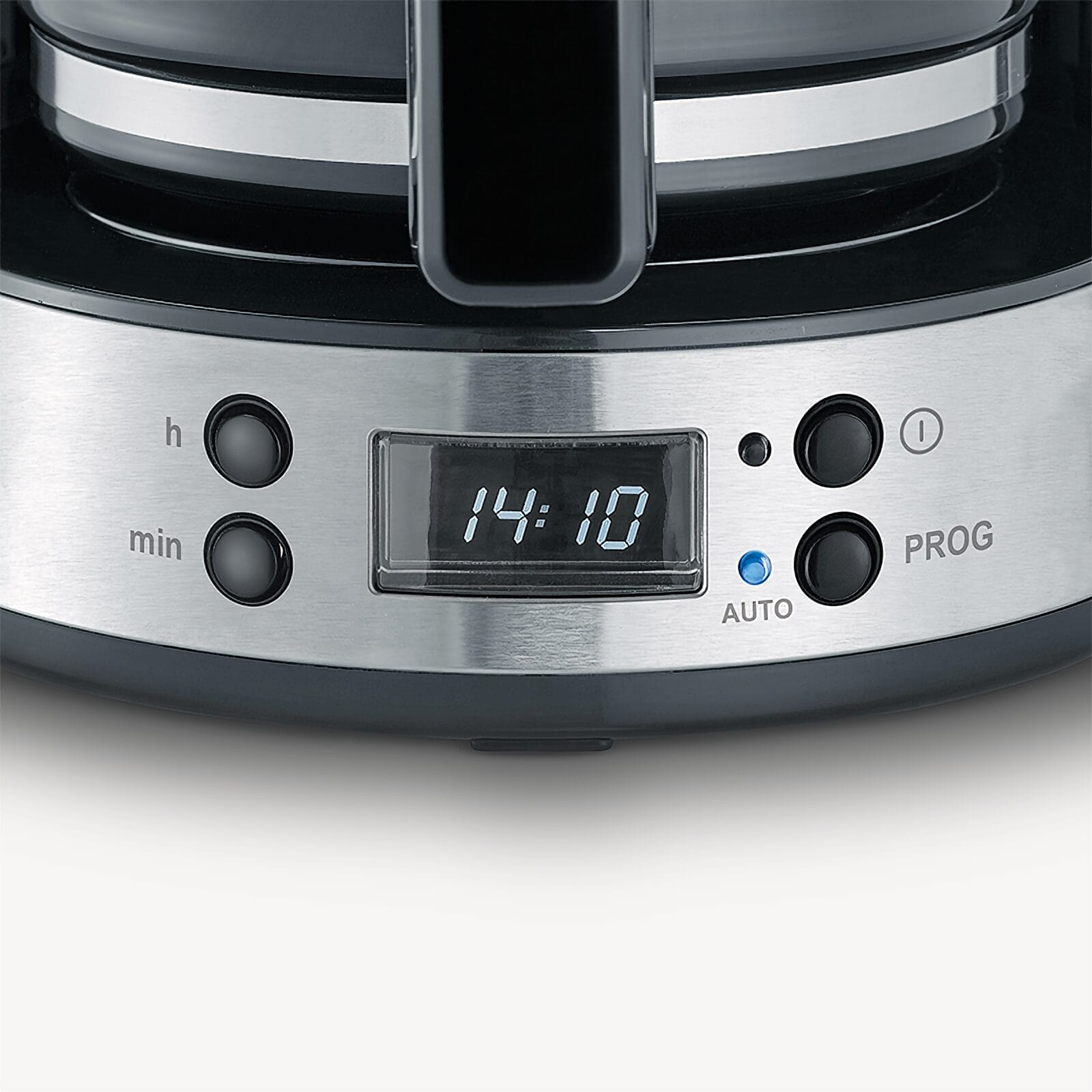 Panel sterowania ekspresu do kawy z cyfrowym wyświetlaczem (14:10) i przyciskami.