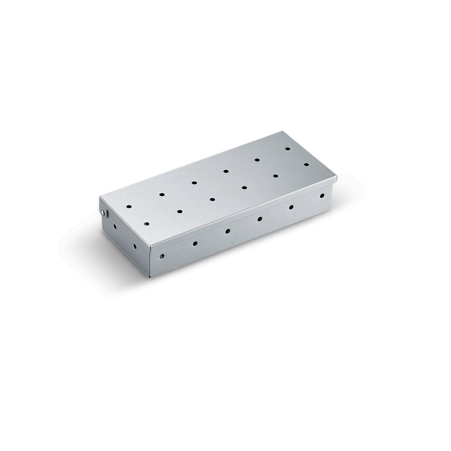 A silver rectangular smoker box with many small holes on top and sides.