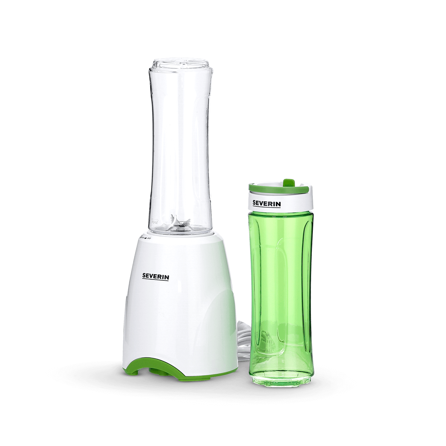 Een witte Severin blender met groene voet en een doorzichtige beker.